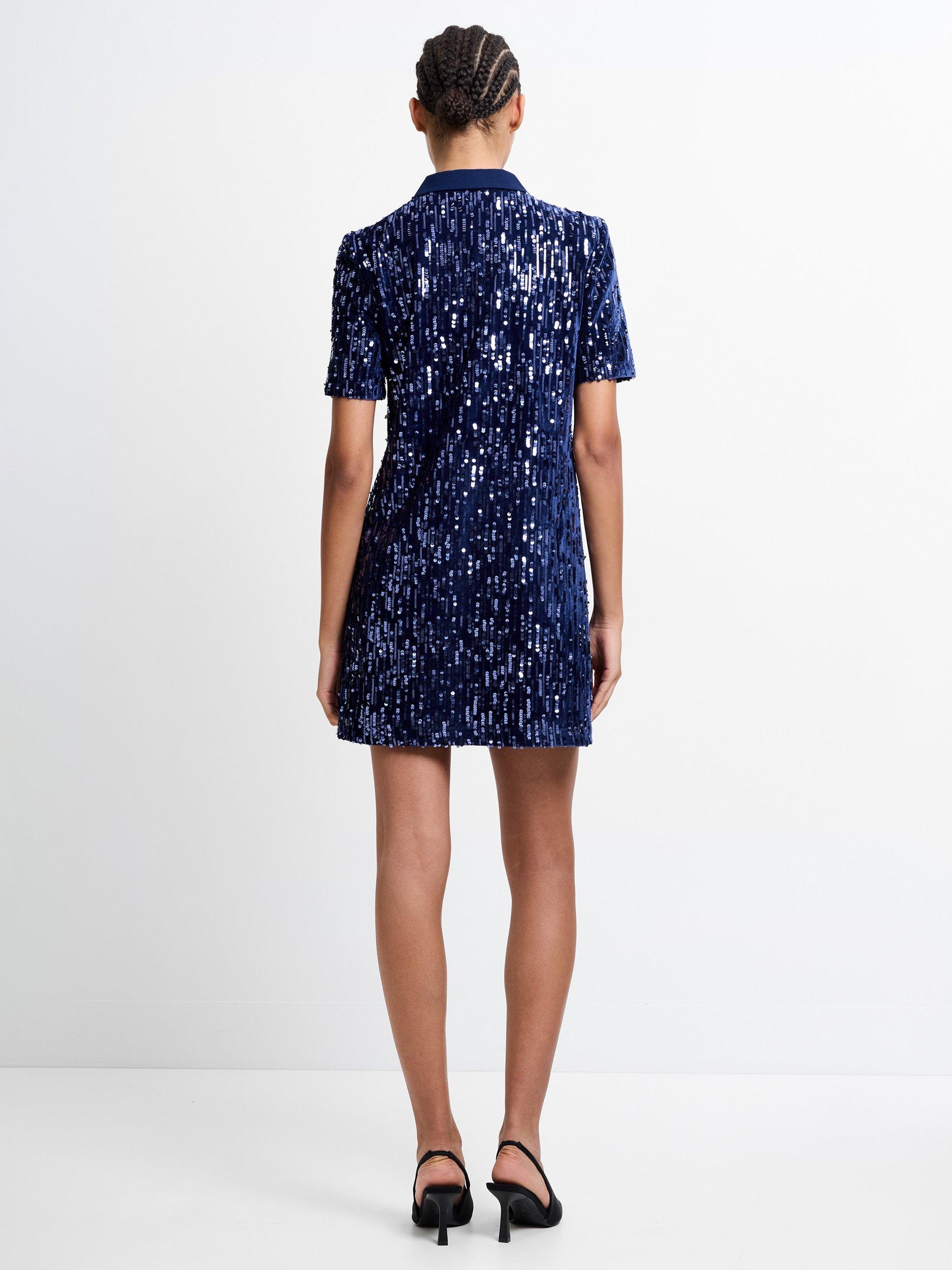 Product image 4 of 5, which shows French Connection Trinny Velvet Sequin Mini Dress, Celestial Blue, XS