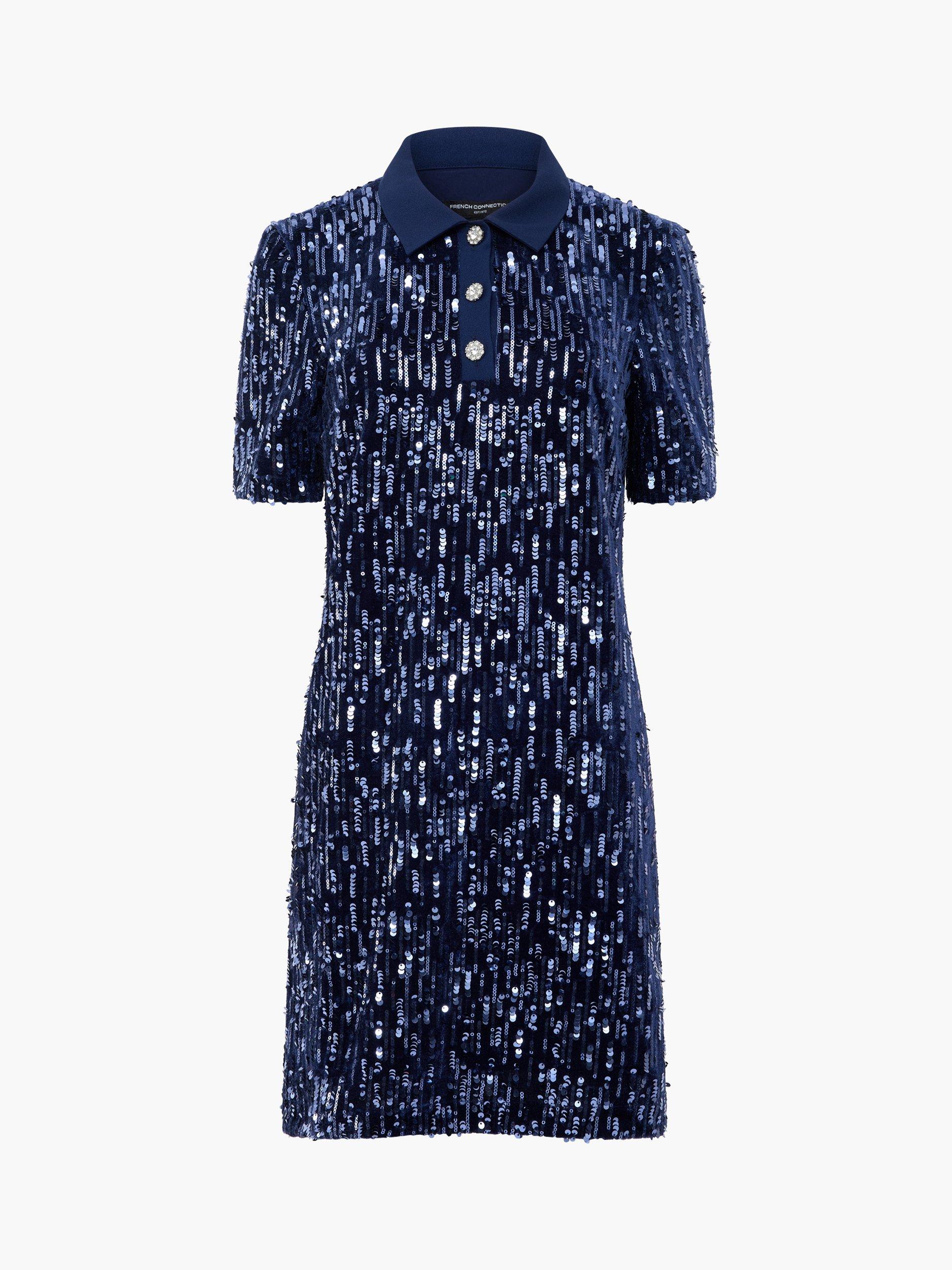 Product image 5 of 5, which shows French Connection Trinny Velvet Sequin Mini Dress, Celestial Blue, XS