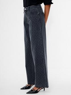 French Connection Ralphie Embellished Wide Leg Jeans, Charcoal Grey, Charcoal Grey