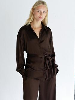 French Connection Bernadetta Tie Belt Satin Shirt, Bitter Chocolate, Bitter Chocolate