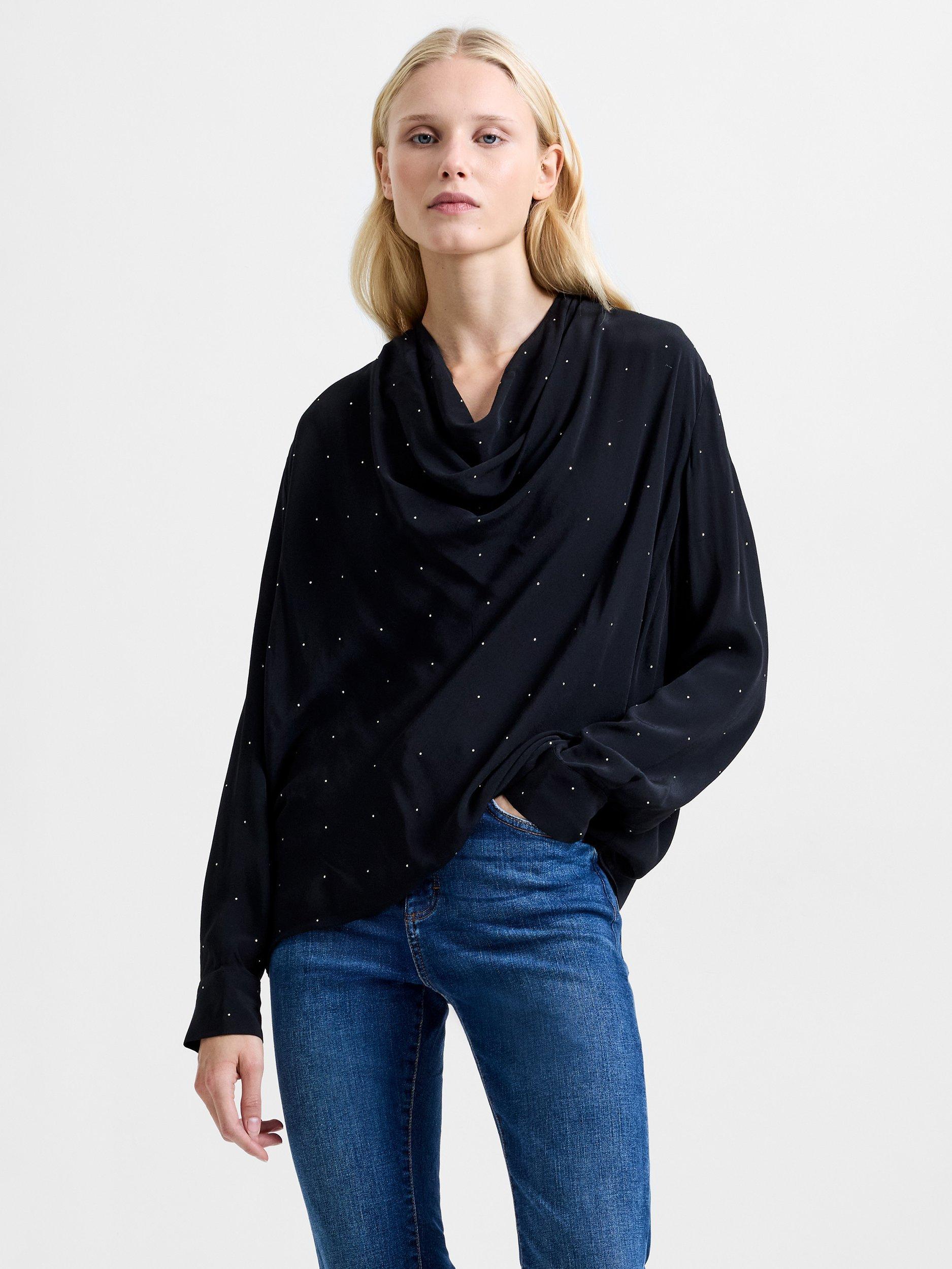 Product image 1 of 5, which shows French Connection Renaya Diamante Draped Blouse, Blackout, XS