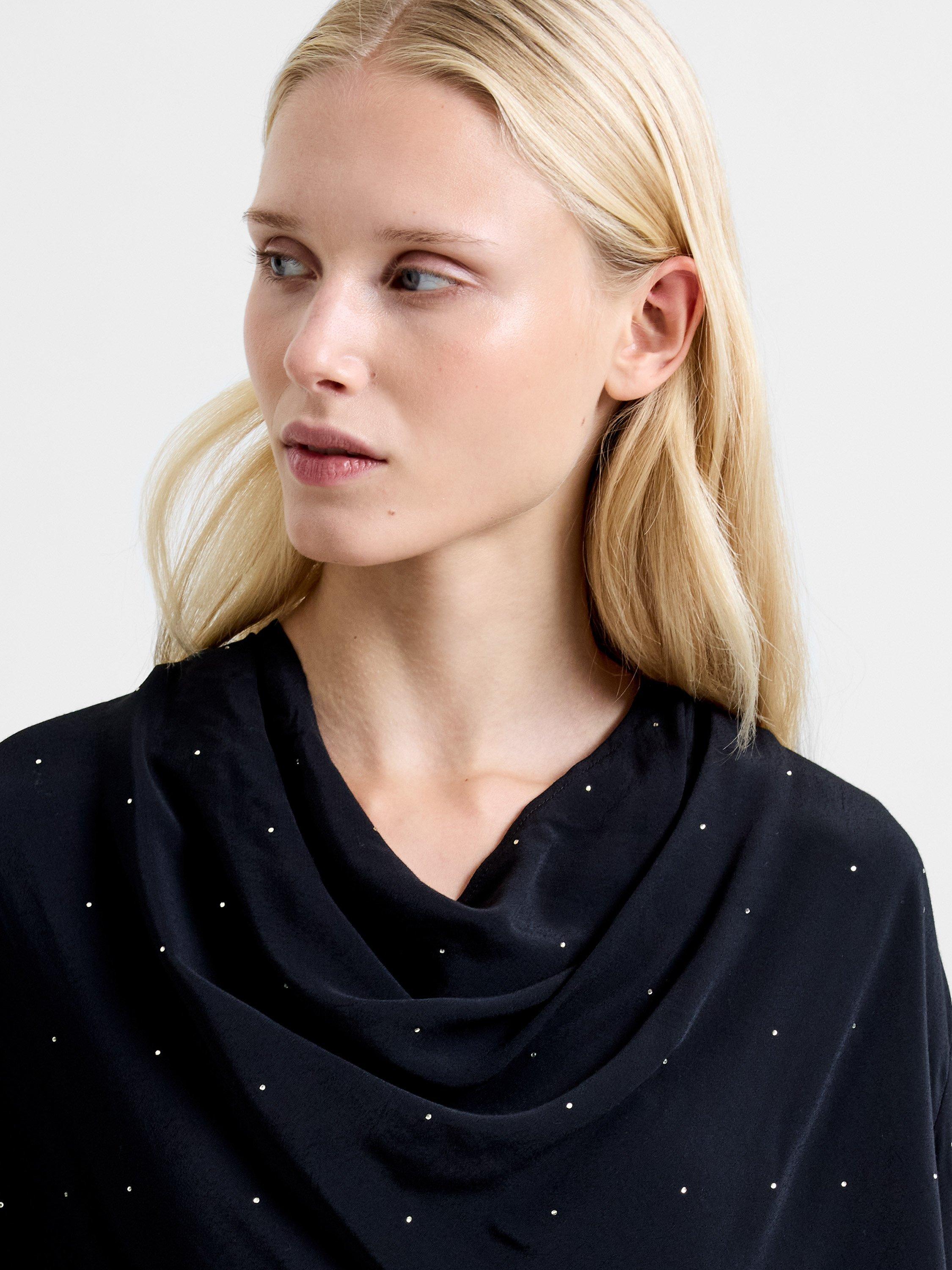 Product image 2 of 5, which shows French Connection Renaya Diamante Draped Blouse, Blackout, XS