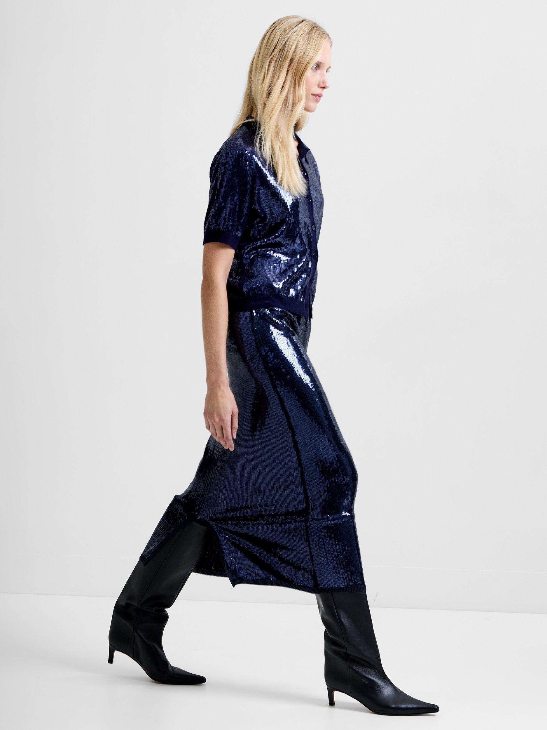 Product image 1 of 6, which shows French Connection Hannah Knit Sequin Midi Skirt, Navy, XS