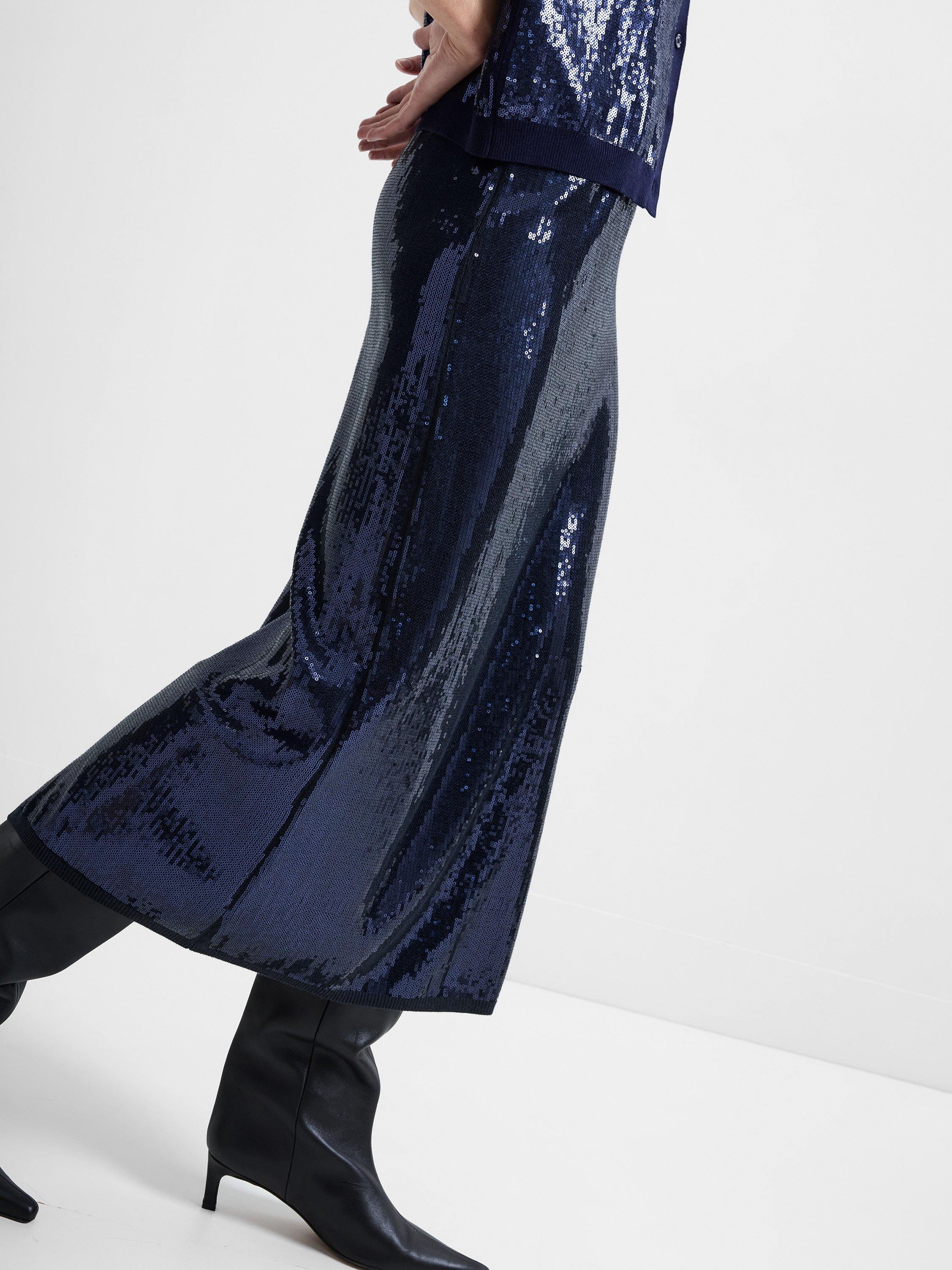 Product image 3 of 6, which shows French Connection Hannah Knit Sequin Midi Skirt, Navy, XS