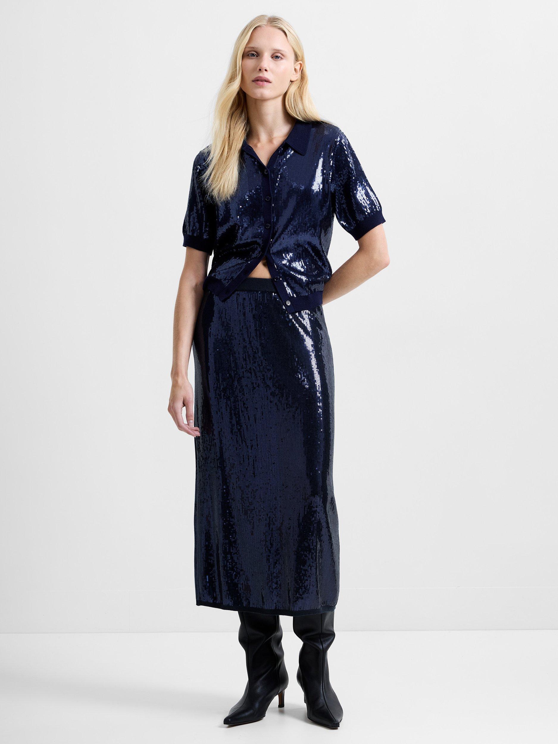 Product image 4 of 6, which shows French Connection Hannah Knit Sequin Midi Skirt, Navy, XS