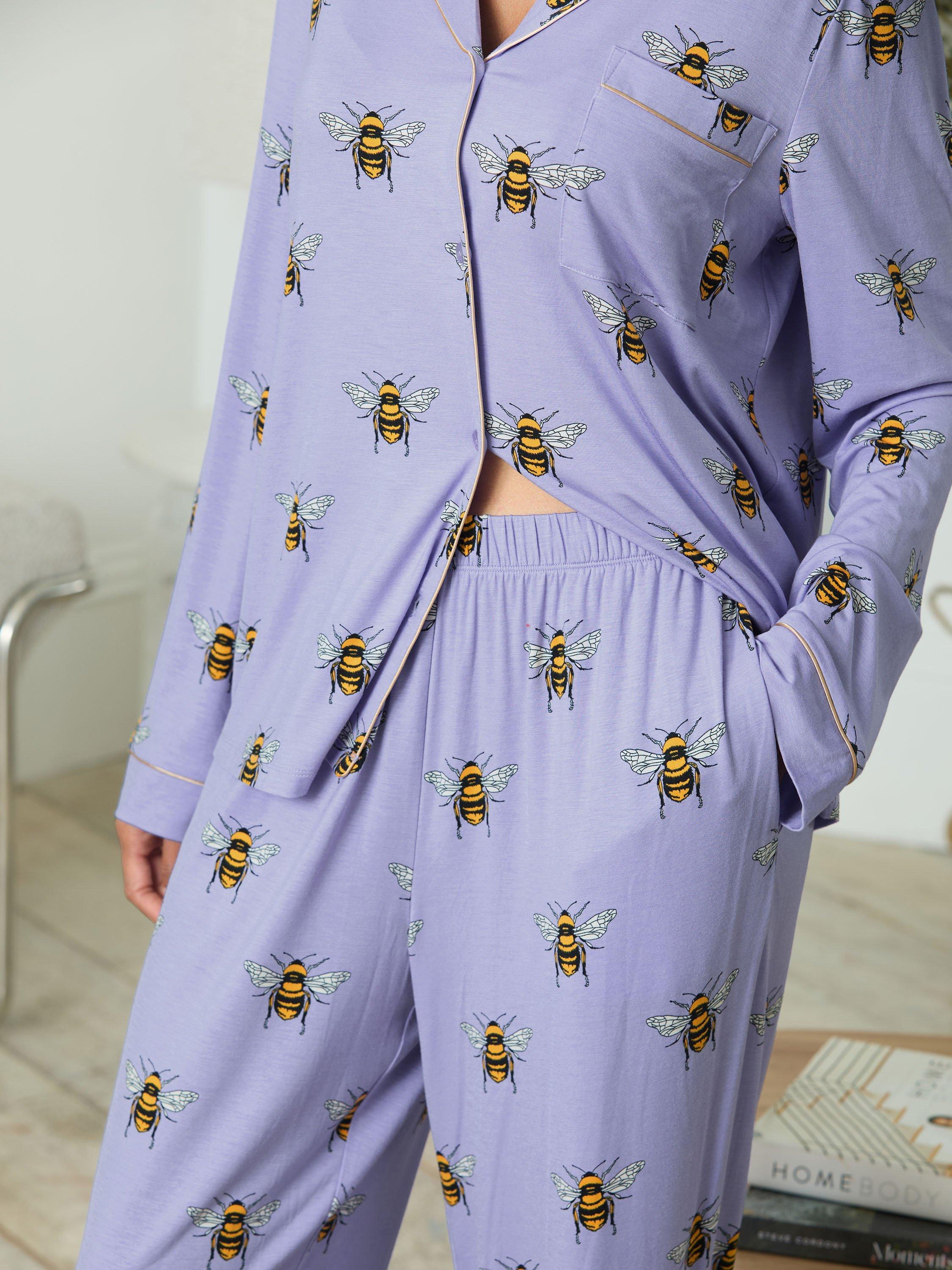 Product image 3 of 7, which shows Chelsea Peers Bee Button Through Long Pyjama Set containing TENCEL™ Modal, Lilac, 10