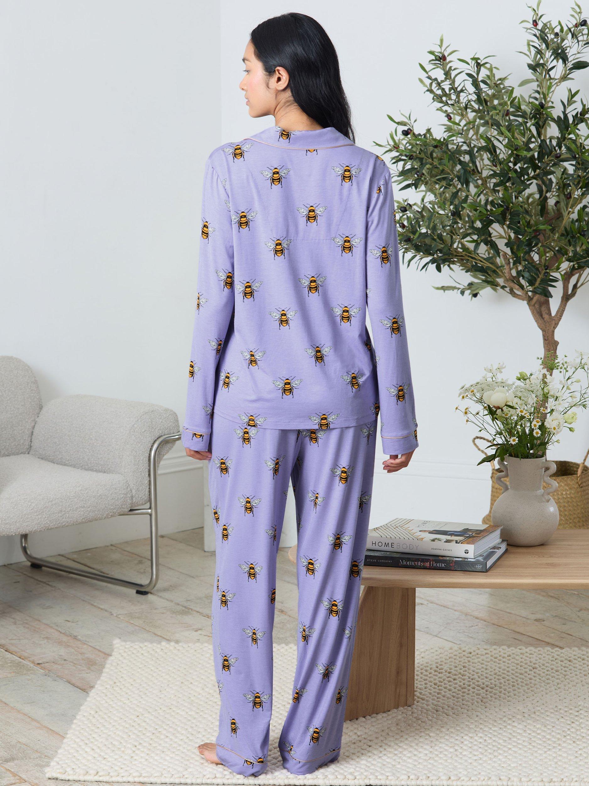 Product image 4 of 7, which shows Chelsea Peers Bee Button Through Long Pyjama Set containing TENCEL™ Modal, Lilac, 10