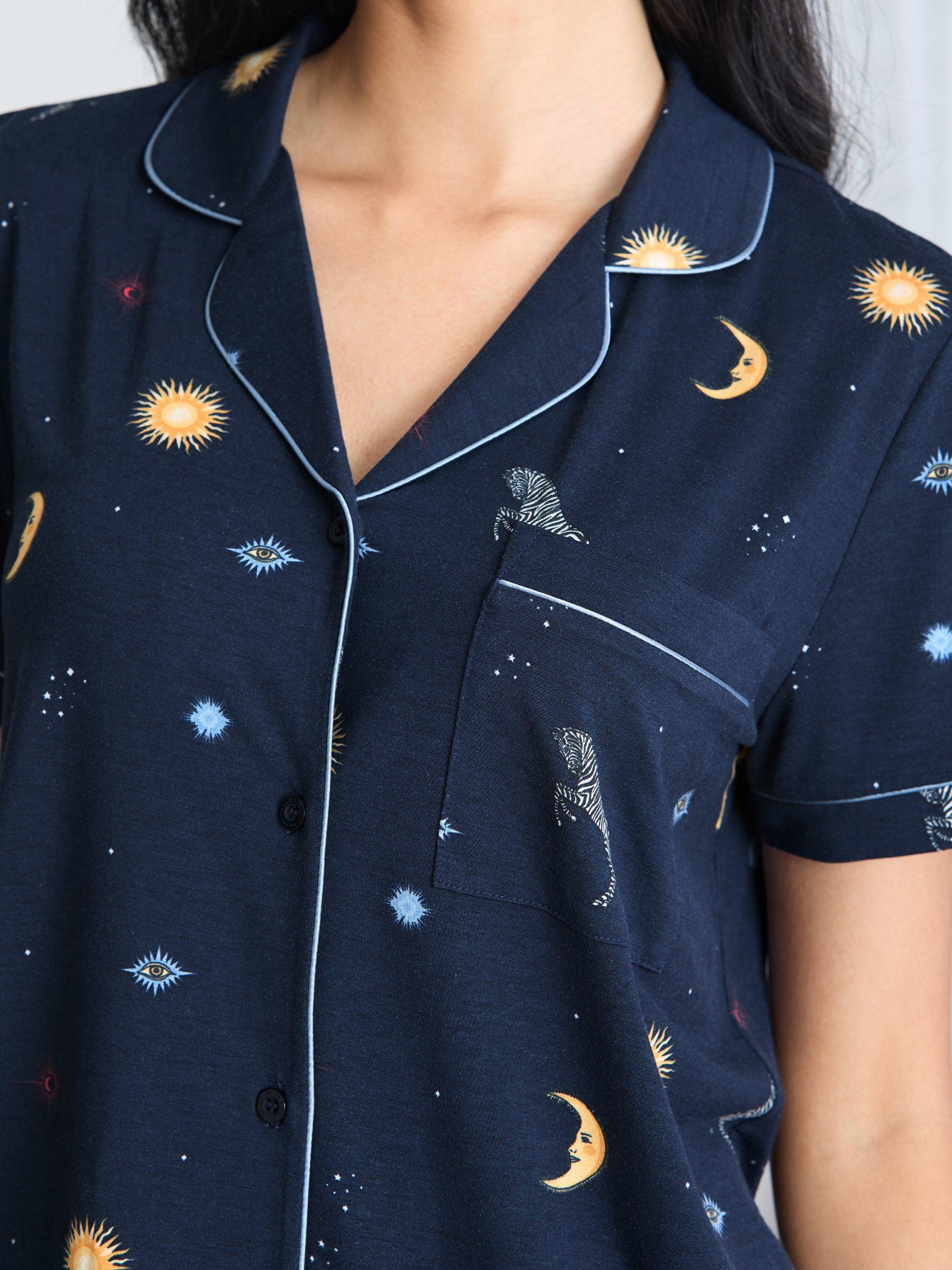 Product image 4 of 6, which shows Chelsea Peers Celestial Zebra Button Through Short Pyjama Set containing TENCEL™ Modal, Navy, 10
