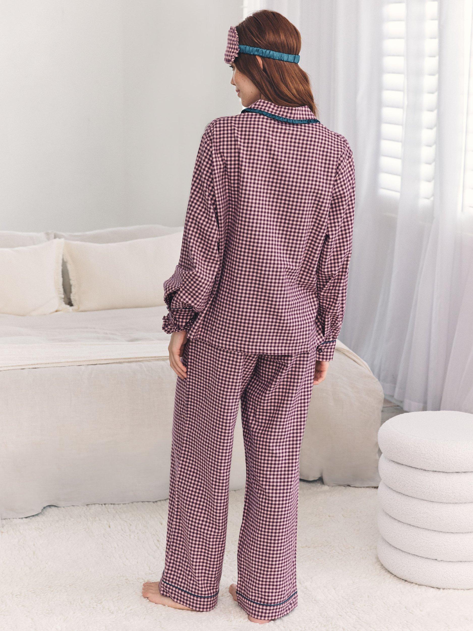 Product image 4 of 8, which shows Chelsea Peers Gingham Frill Button Through Long Pyjama Set, Pink, 10