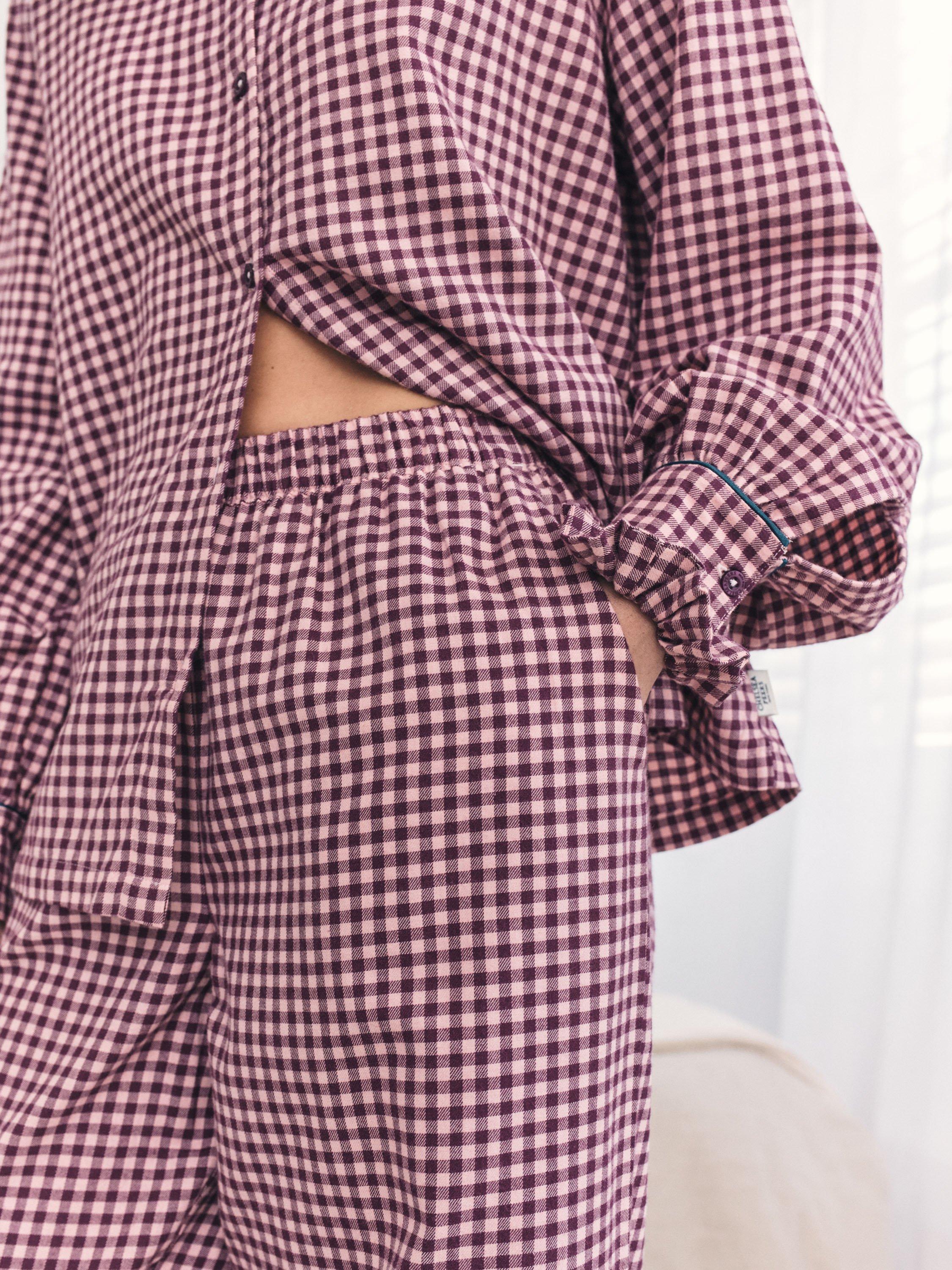 Product image 5 of 8, which shows Chelsea Peers Gingham Frill Button Through Long Pyjama Set, Pink, 10