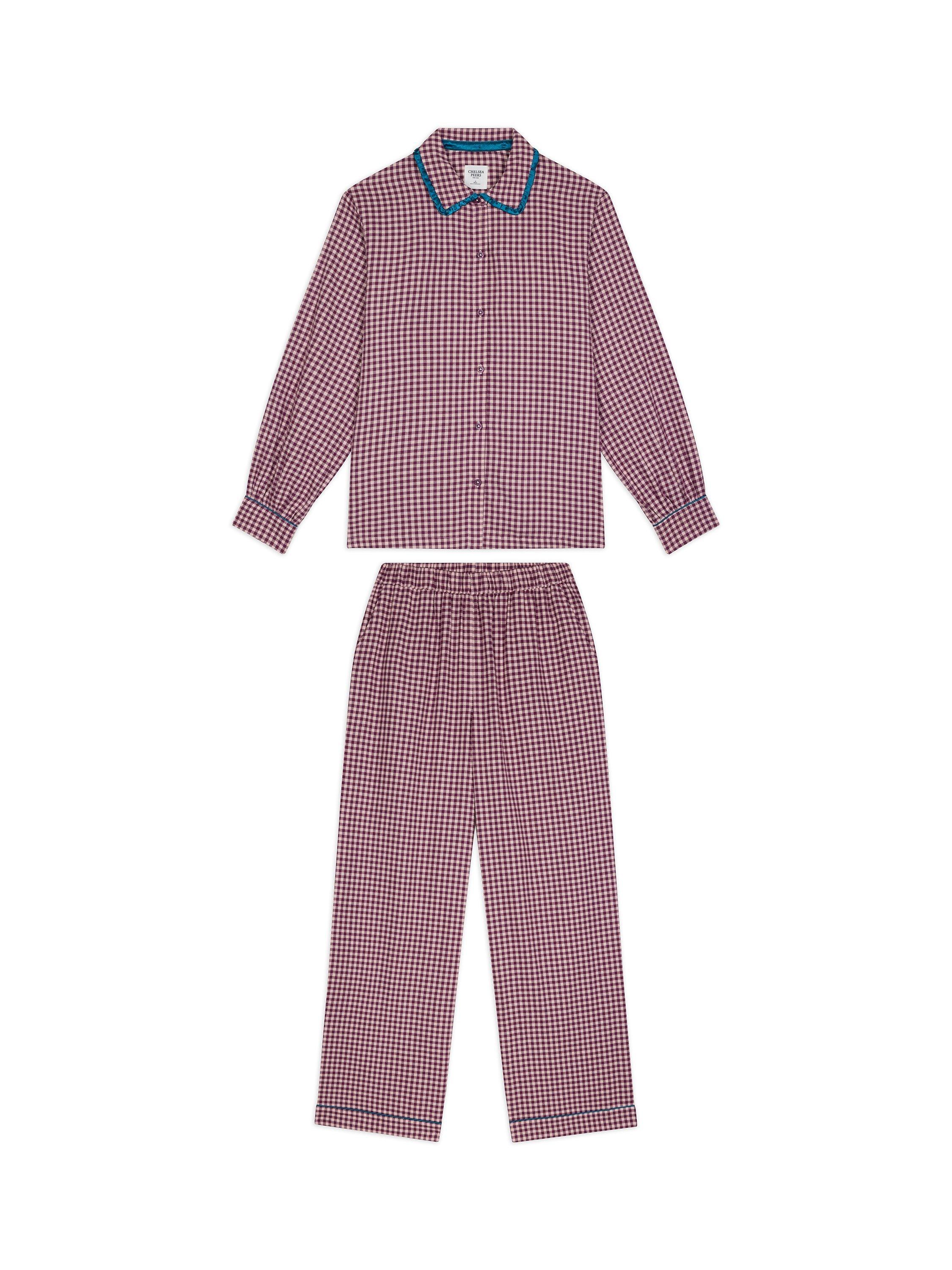 Product image 8 of 8, which shows Chelsea Peers Gingham Frill Button Through Long Pyjama Set, Pink, 10