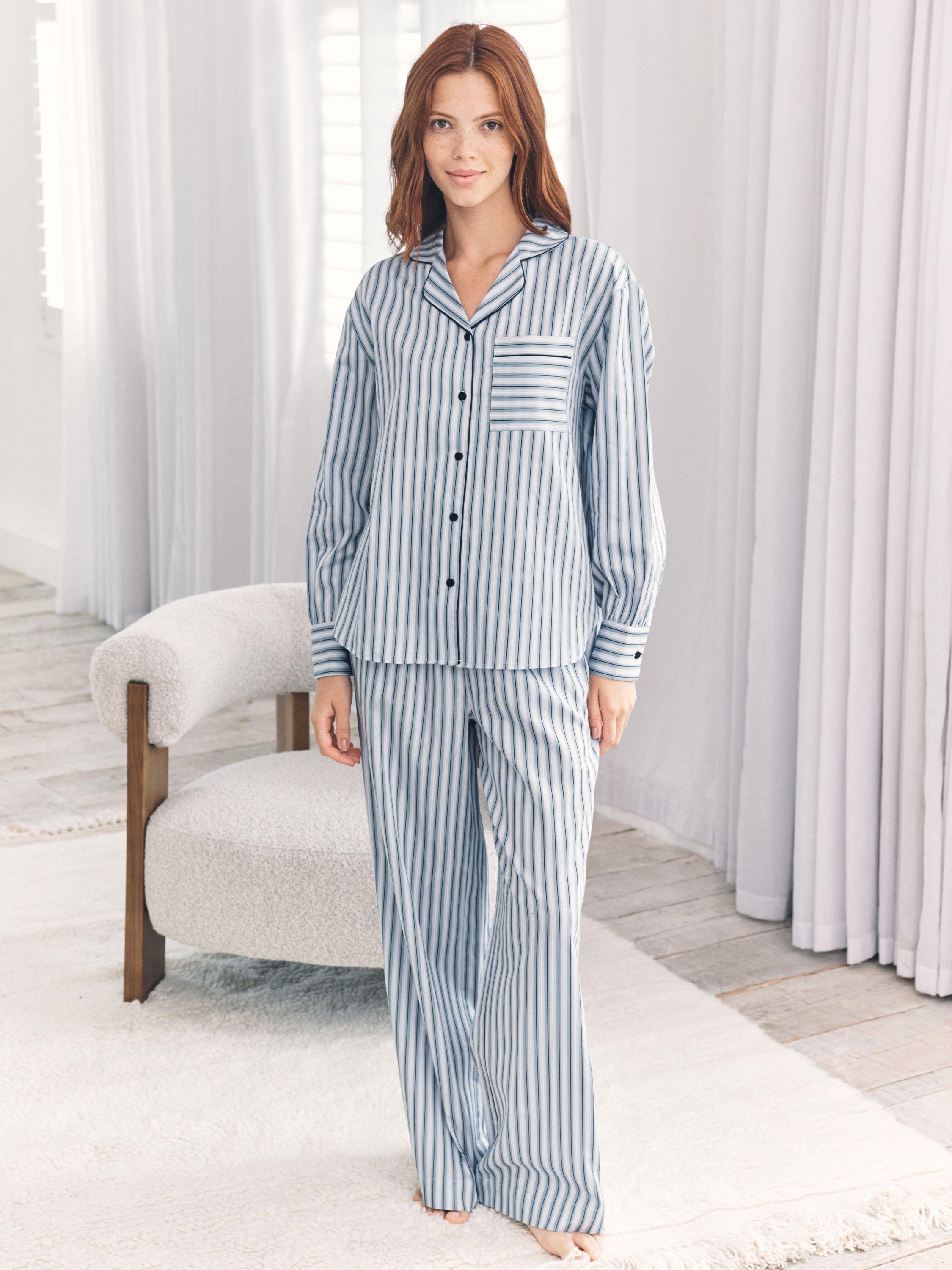 Product image 1 of 6, which shows Chelsea Peers Sateen Stripe Long Pyjama Set, Blue, 10