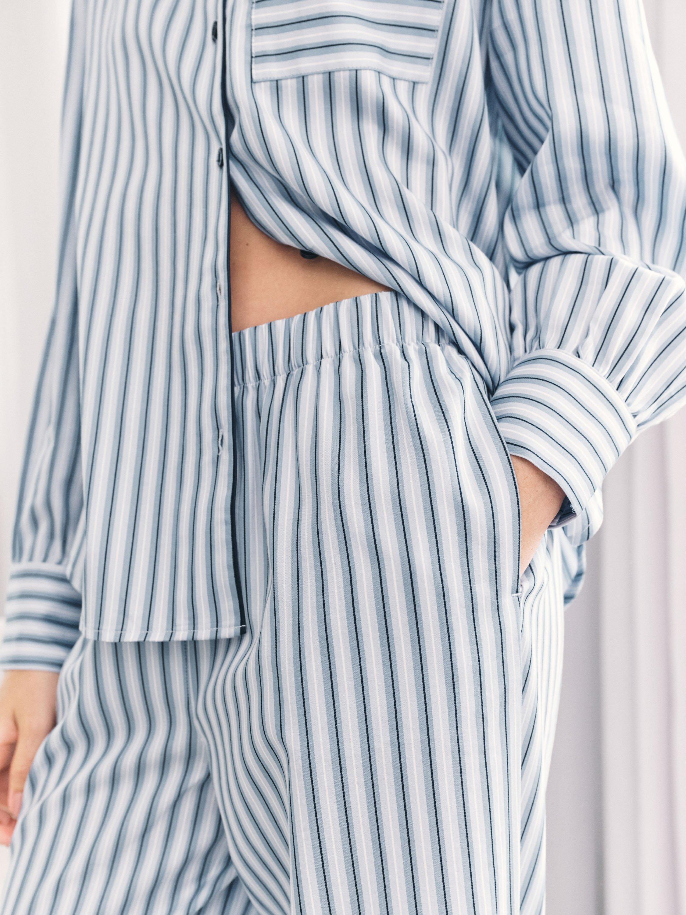 Product image 3 of 6, which shows Chelsea Peers Sateen Stripe Long Pyjama Set, Blue, 10