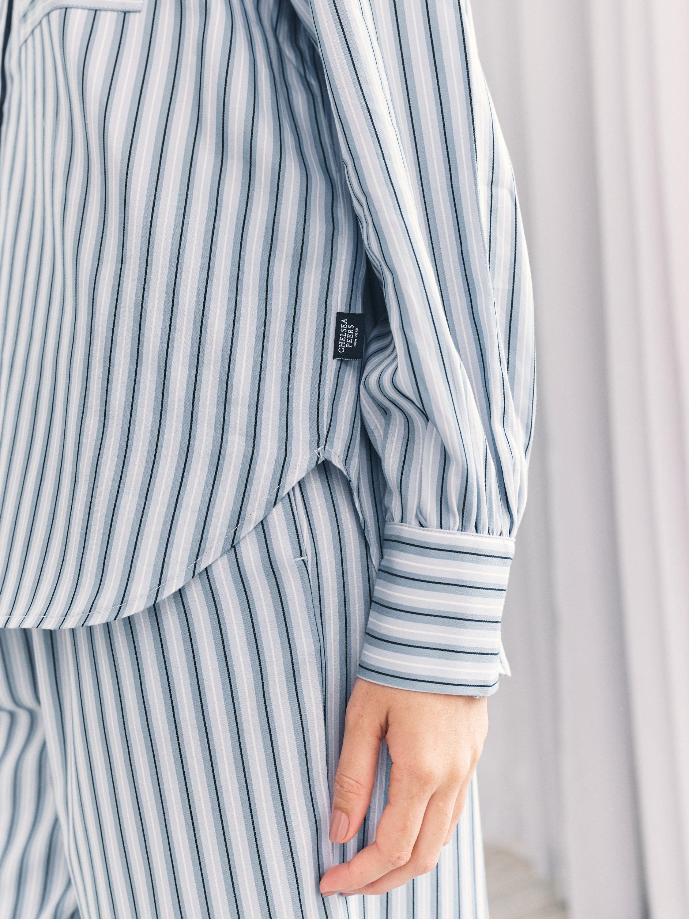 Product image 6 of 6, which shows Chelsea Peers Sateen Stripe Long Pyjama Set, Blue, 10