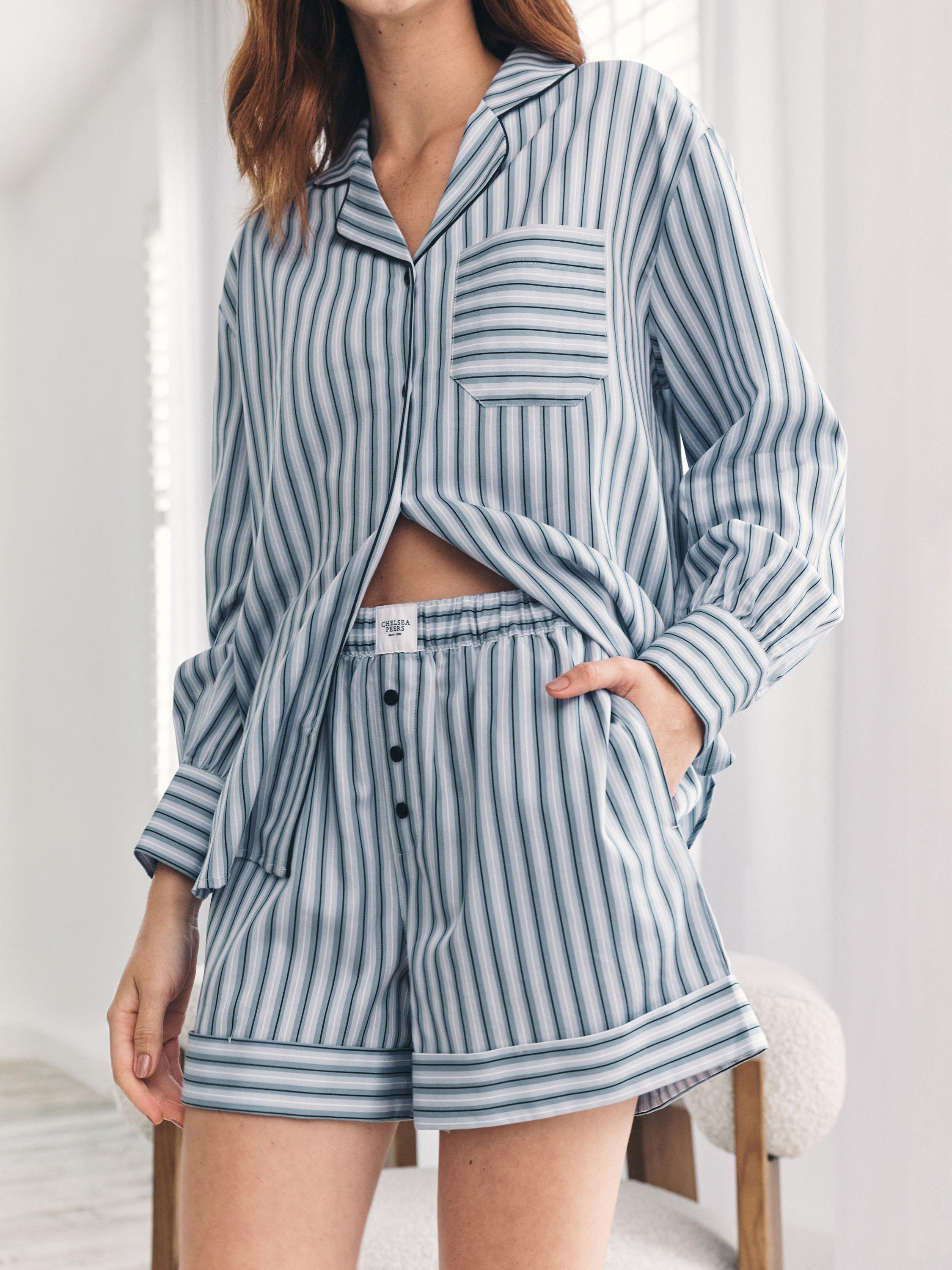 Product image 3 of 6, which shows Chelsea Peers Stripe Sateen Button Through Short Pyjama Set, Blue, 10