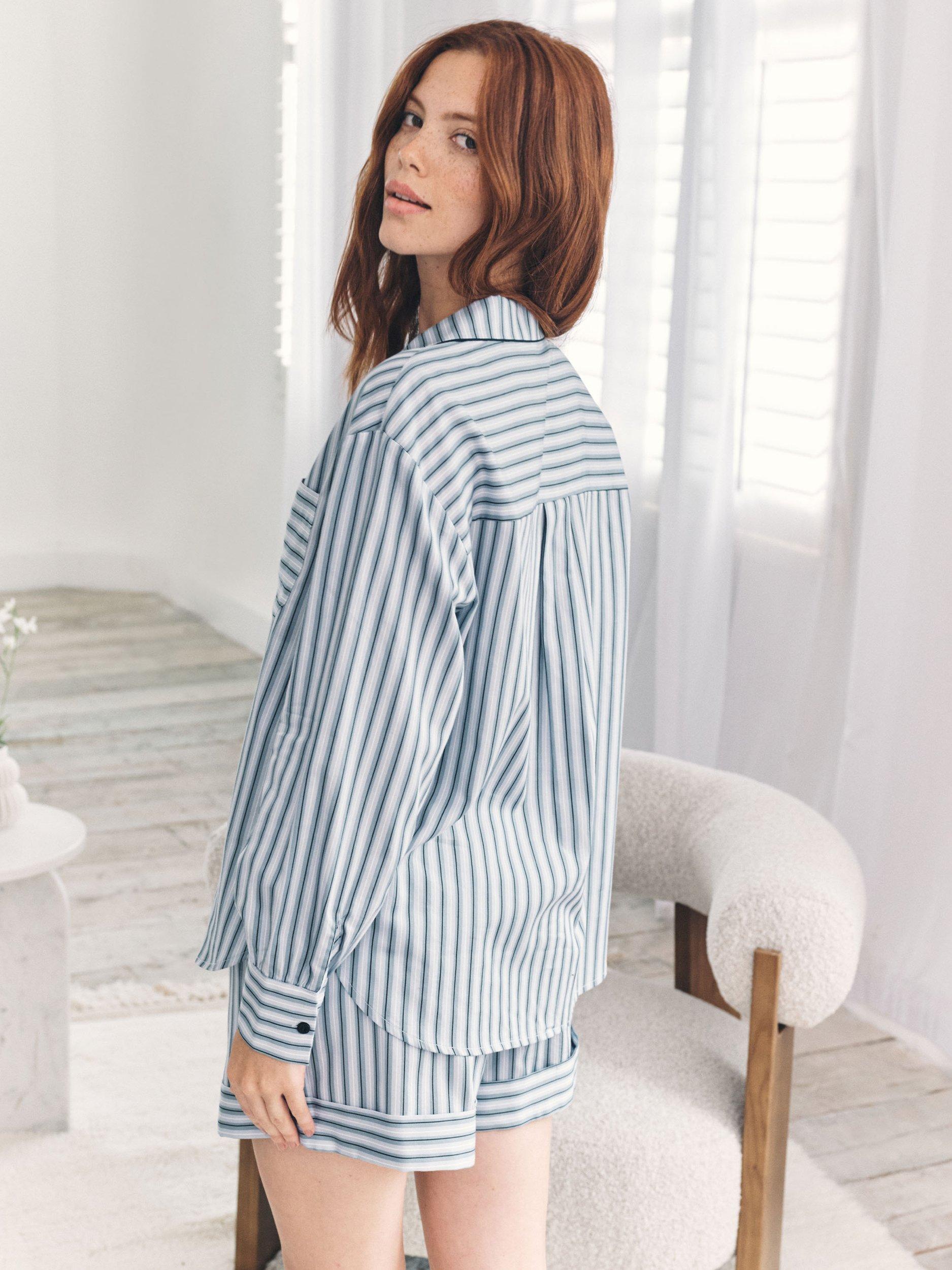 Product image 4 of 6, which shows Chelsea Peers Stripe Sateen Button Through Short Pyjama Set, Blue, 10