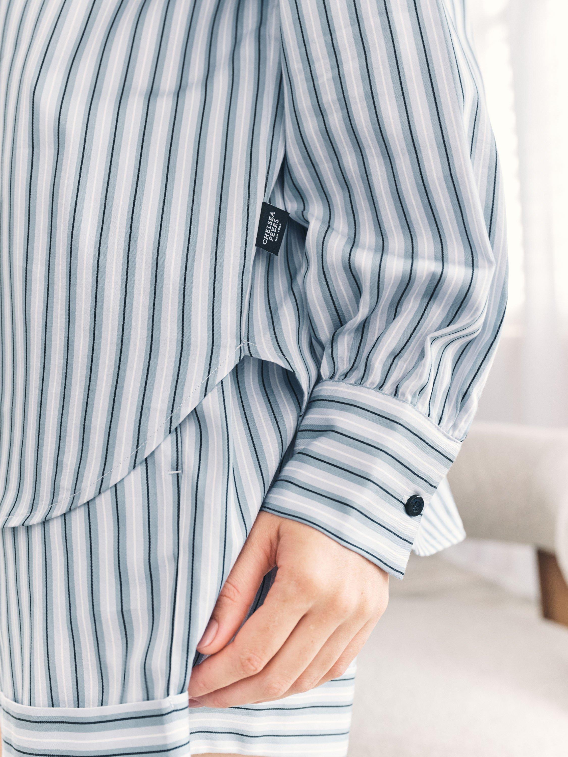 Product image 6 of 6, which shows Chelsea Peers Stripe Sateen Button Through Short Pyjama Set, Blue, 10