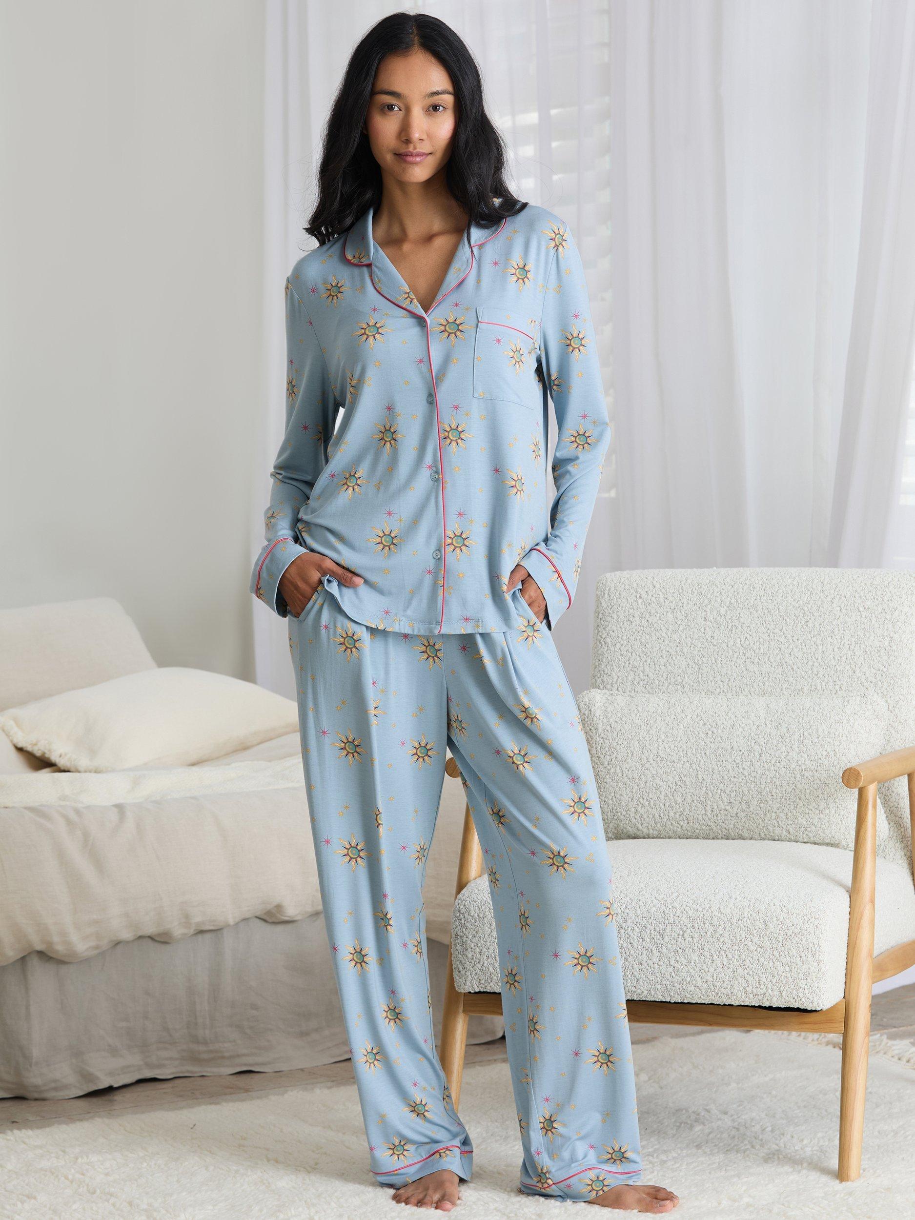 Product image 1 of 6, which shows Chelsea Peers Twinkling Sky Button Through Long Pyjama Set containing TENCEL™ Modal, Blue, 10