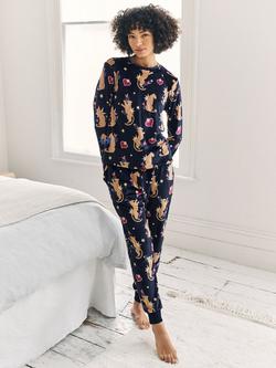 Chelsea Peers Enchanted Tiger Velour Long Pyjama Set, Navy, Navy