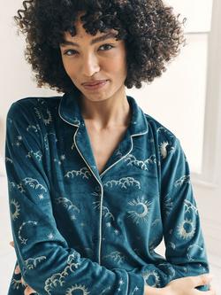 Chelsea Peers Lunar Skies Velour Button Through Long Pyjama Set, Teal - view 2, Teal