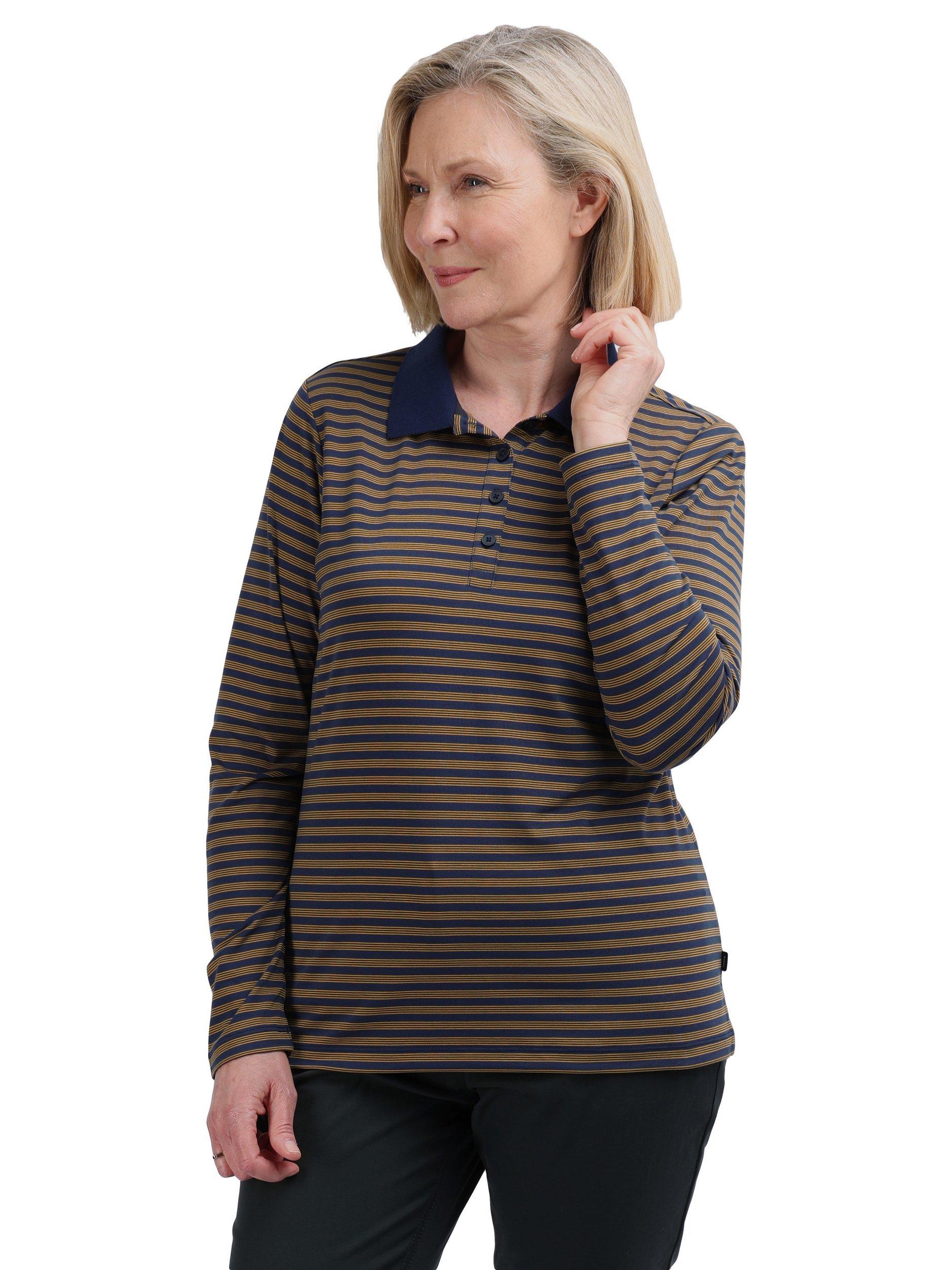 Product image 1 of 5, which shows Rohan Shoreline Polo Blue/Gold Stripe, S