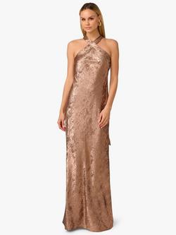 Adrianna By Adrianna Papell Foiled Woven Halter Gown, Mocha, Mocha
