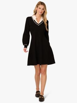Adrianna Papell Long Sleeve V Neck Sweater Dress, Black/Ivory, Black/Ivory