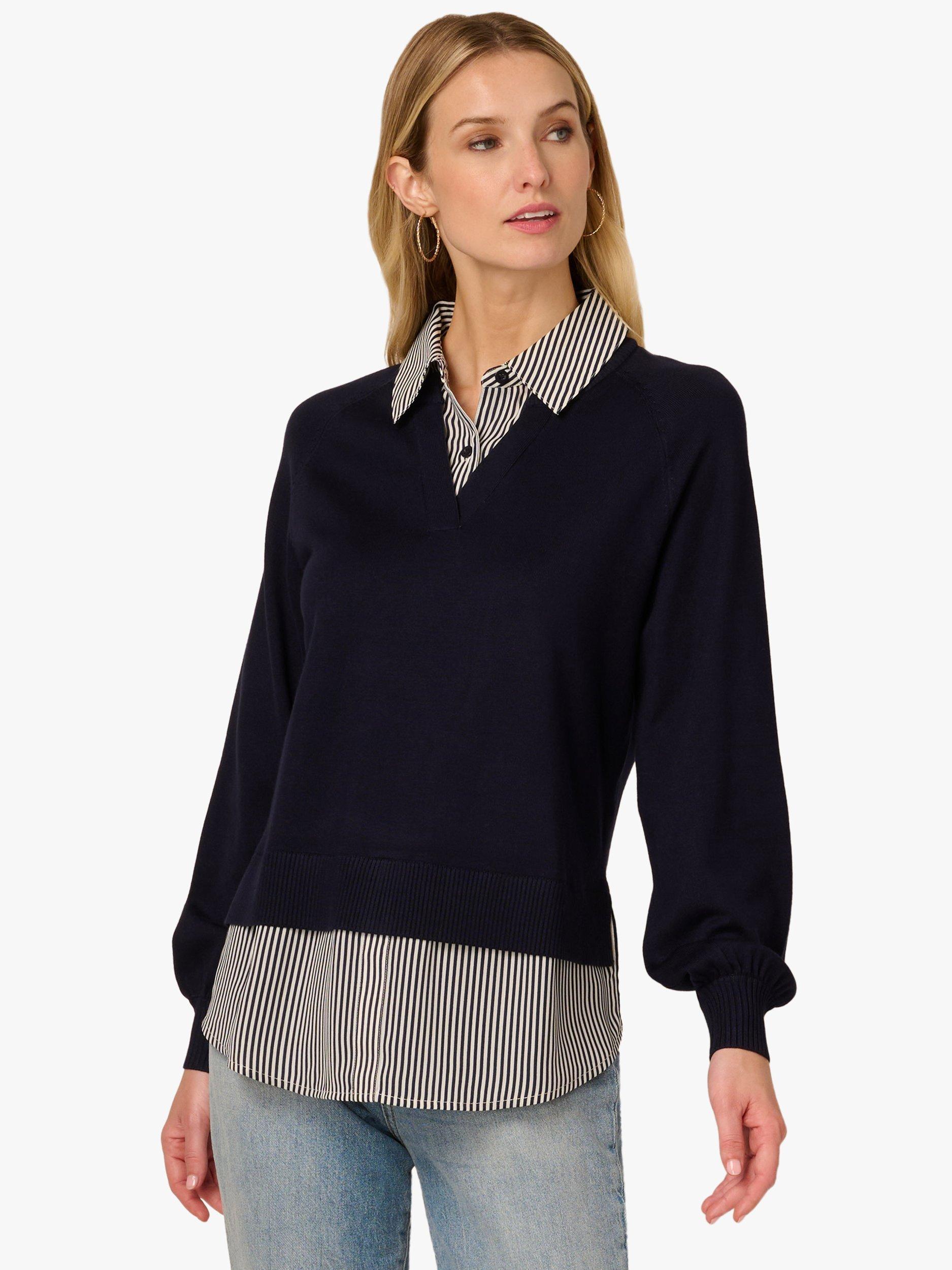 Product image 1 of 7, which shows Adrianna Papell Stripe Button Neck Sweater Top, Navy/Multi, L