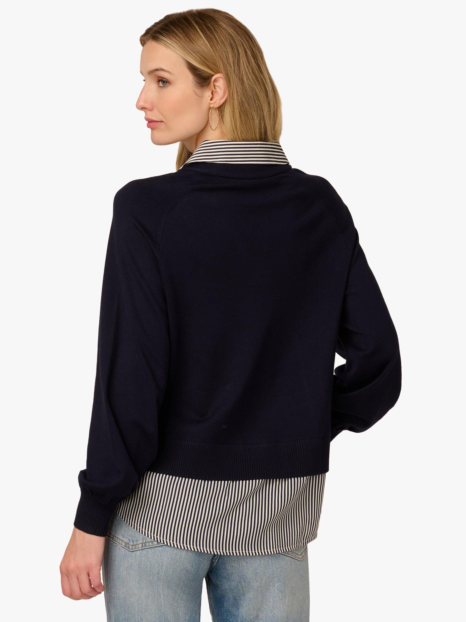 Product image 2 of 7, which shows Adrianna Papell Stripe Button Neck Sweater Top, Navy/Multi, L