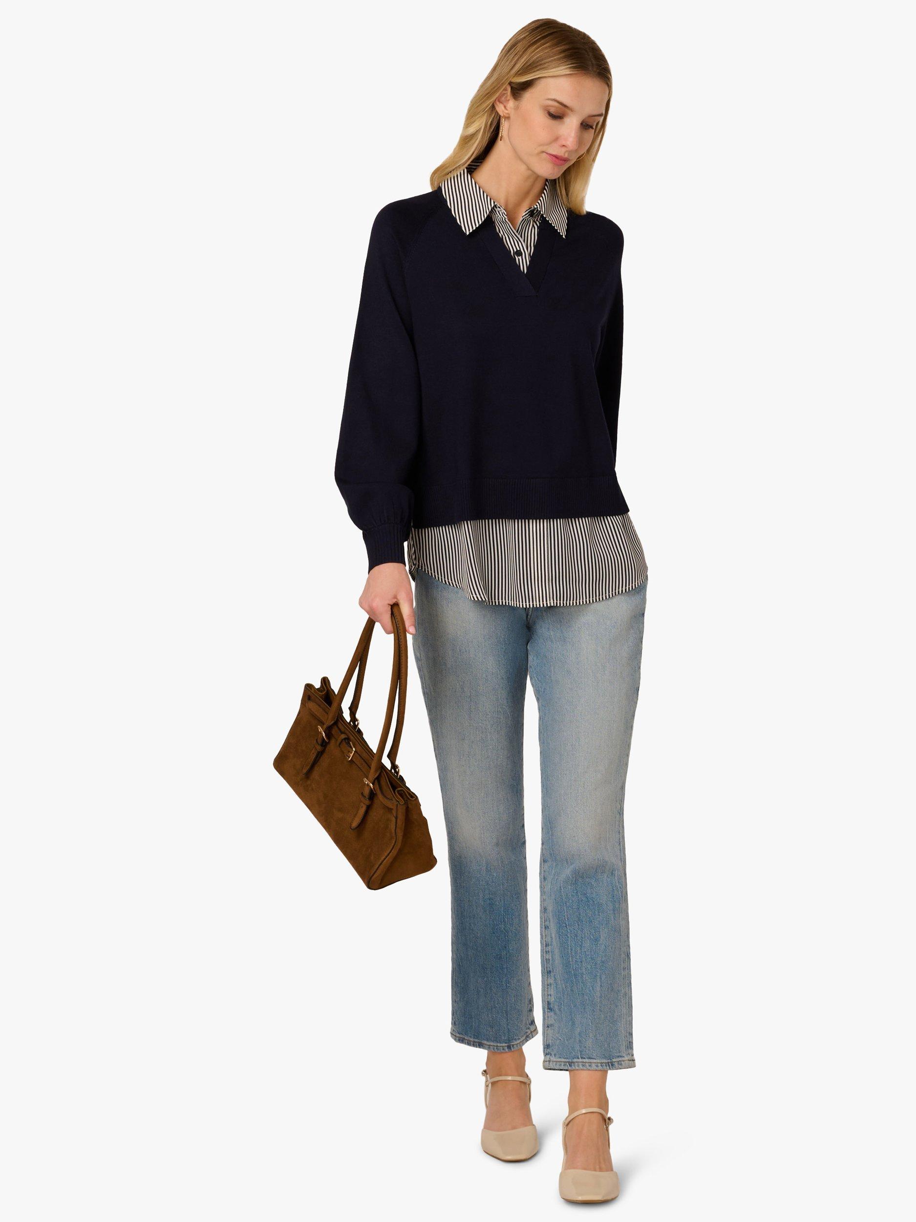 Product image 3 of 7, which shows Adrianna Papell Stripe Button Neck Sweater Top, Navy/Multi, L