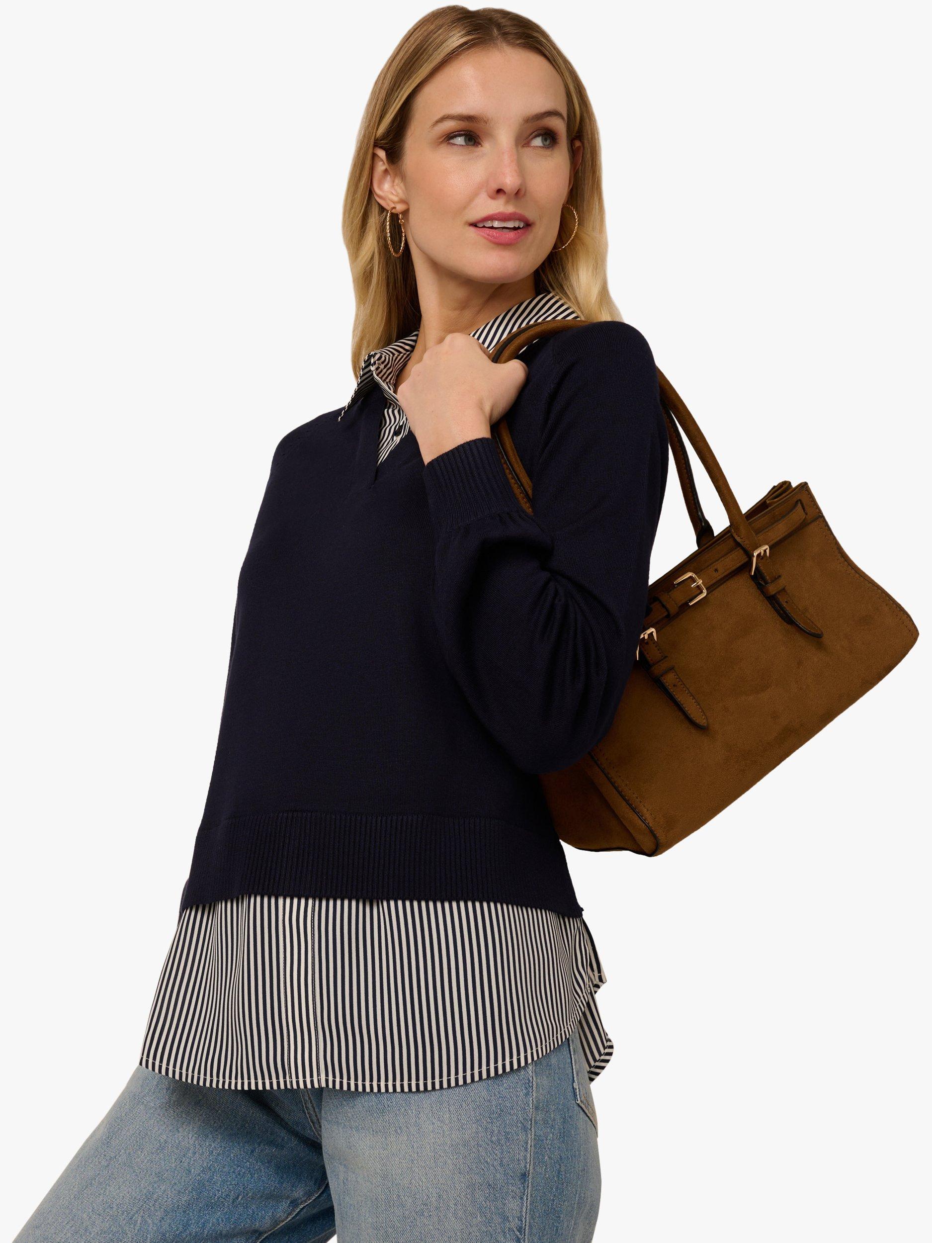 Product image 4 of 7, which shows Adrianna Papell Stripe Button Neck Sweater Top, Navy/Multi, L