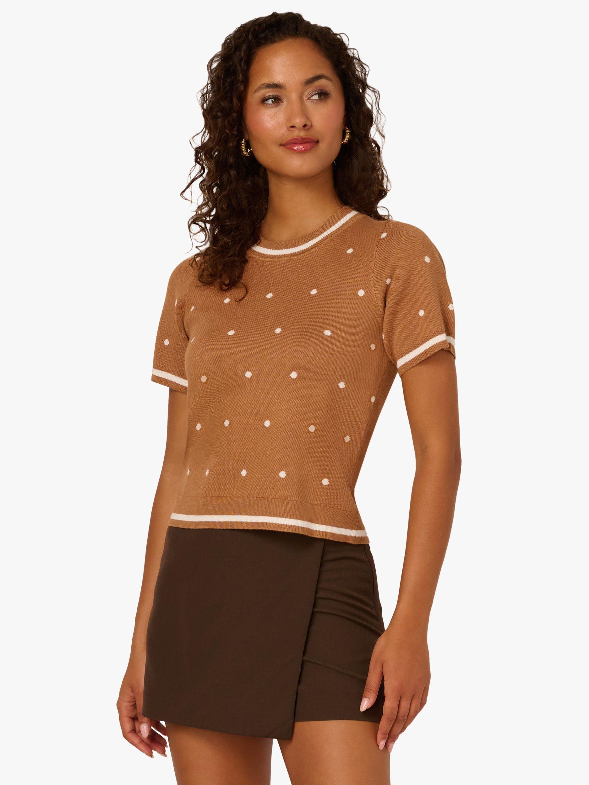 Product image 1 of 7, which shows Adrianna Papell Polka Dot Knit Top, Camel/Multi, L