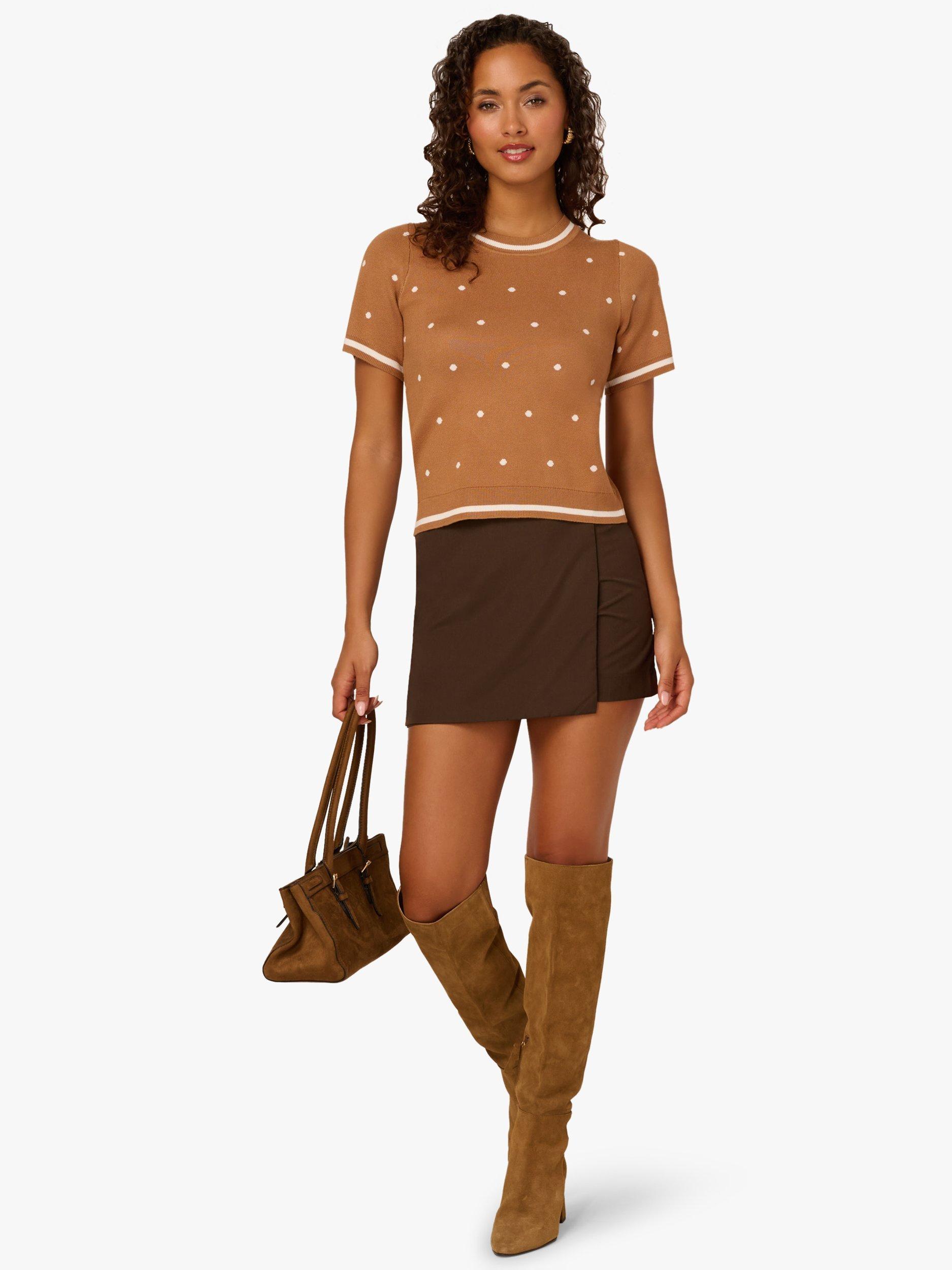 Product image 3 of 7, which shows Adrianna Papell Polka Dot Knit Top, Camel/Multi, L