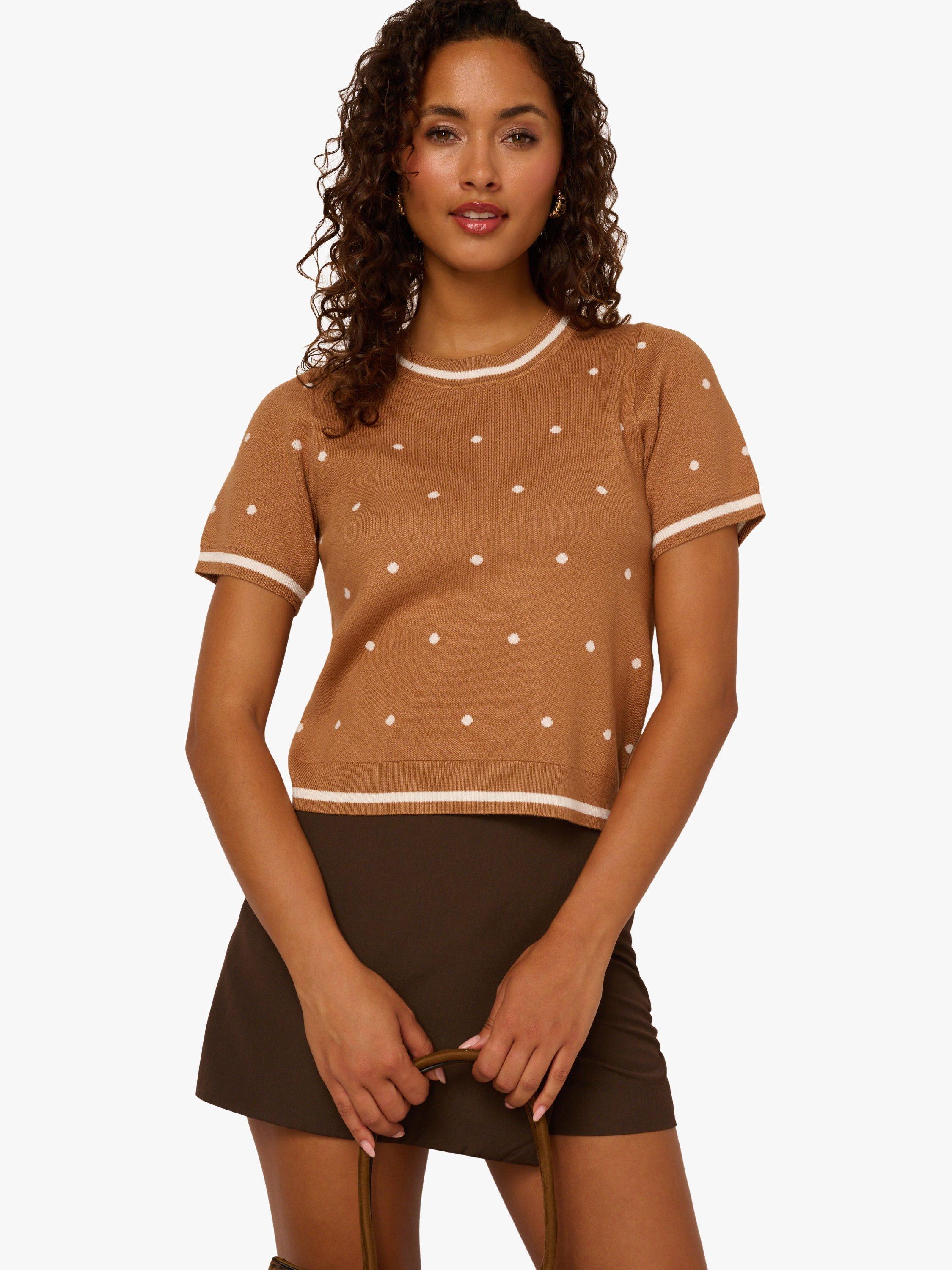 Product image 4 of 7, which shows Adrianna Papell Polka Dot Knit Top, Camel/Multi, L