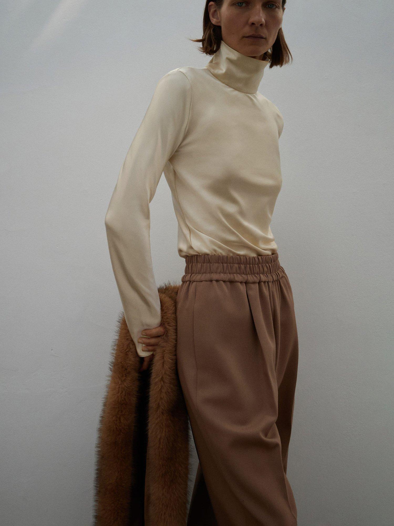 Product image 1 of 7, which shows Mango Stone High Neck Satin Top, Light Beige, 8