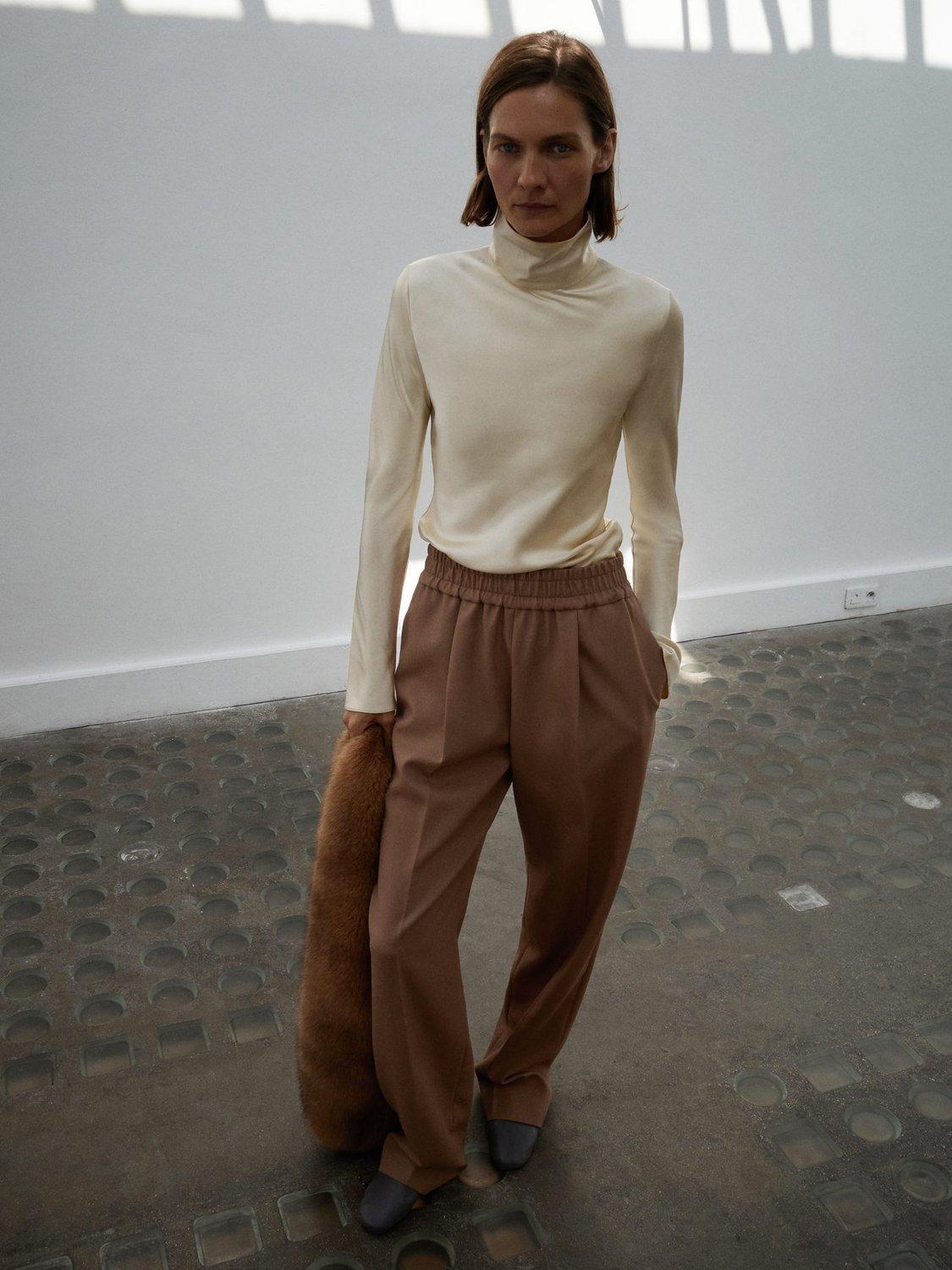 Product image 2 of 7, which shows Mango Stone High Neck Satin Top, Light Beige, 8