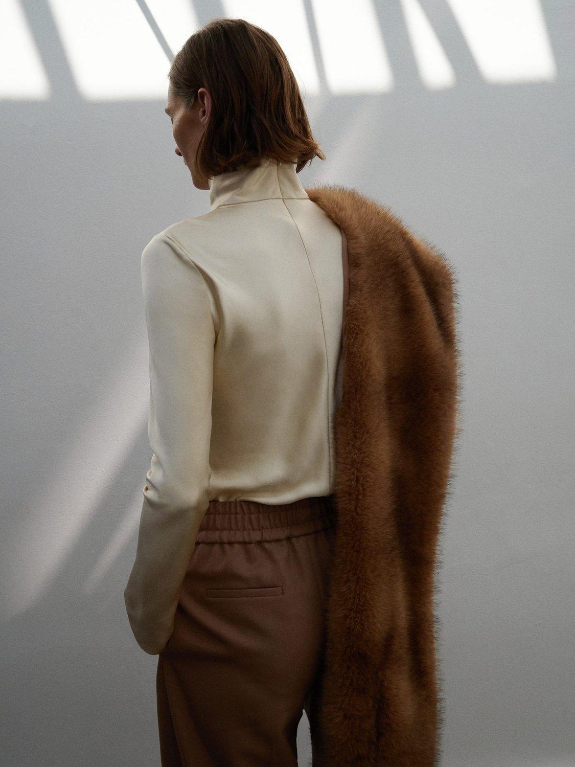 Product image 4 of 7, which shows Mango Stone High Neck Satin Top, Light Beige, 8