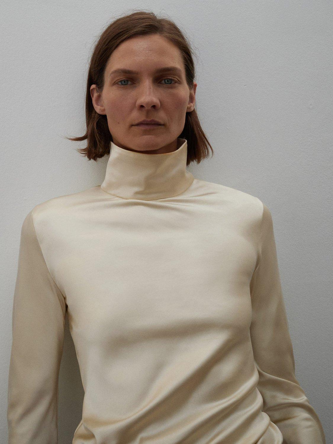 Product image 6 of 7, which shows Mango Stone High Neck Satin Top, Light Beige, 8