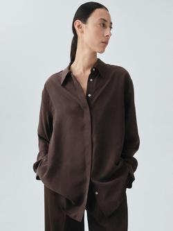 Mango Wood Silk Long Sleeve Collar Blouse, Dark Brown