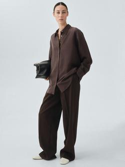 Mango Wood Silk Long Sleeve Collar Blouse - view 2, Dark Brown