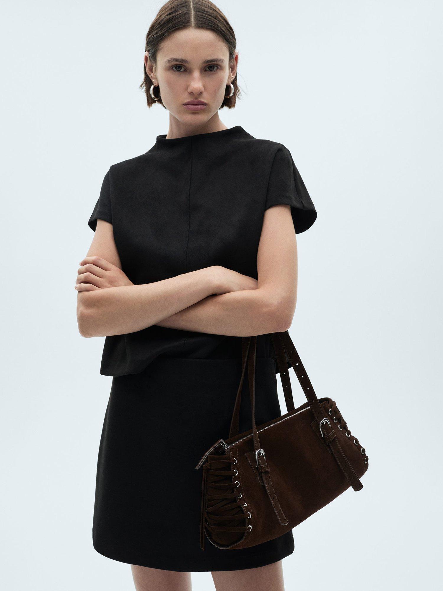 Product image 1 of 7, which shows Mango Texas Short Sleeve High Neck Blouse, Black, M