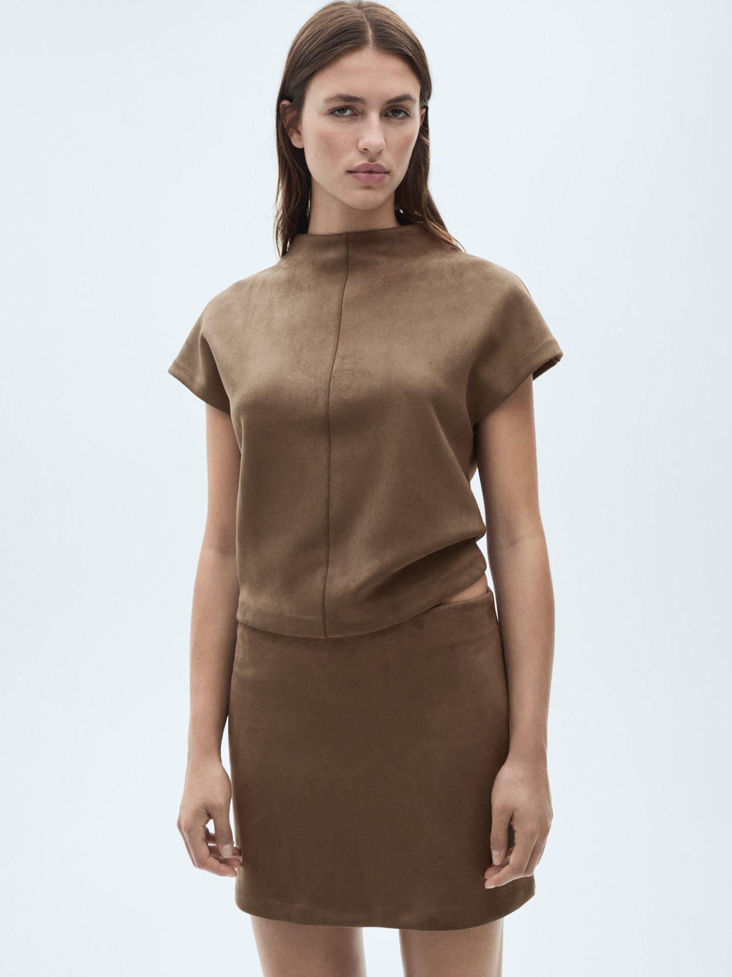 Product image 1 of 8, which shows Mango Texas Short Sleeve High Neck Blouse, Lt Pastel Brown, S