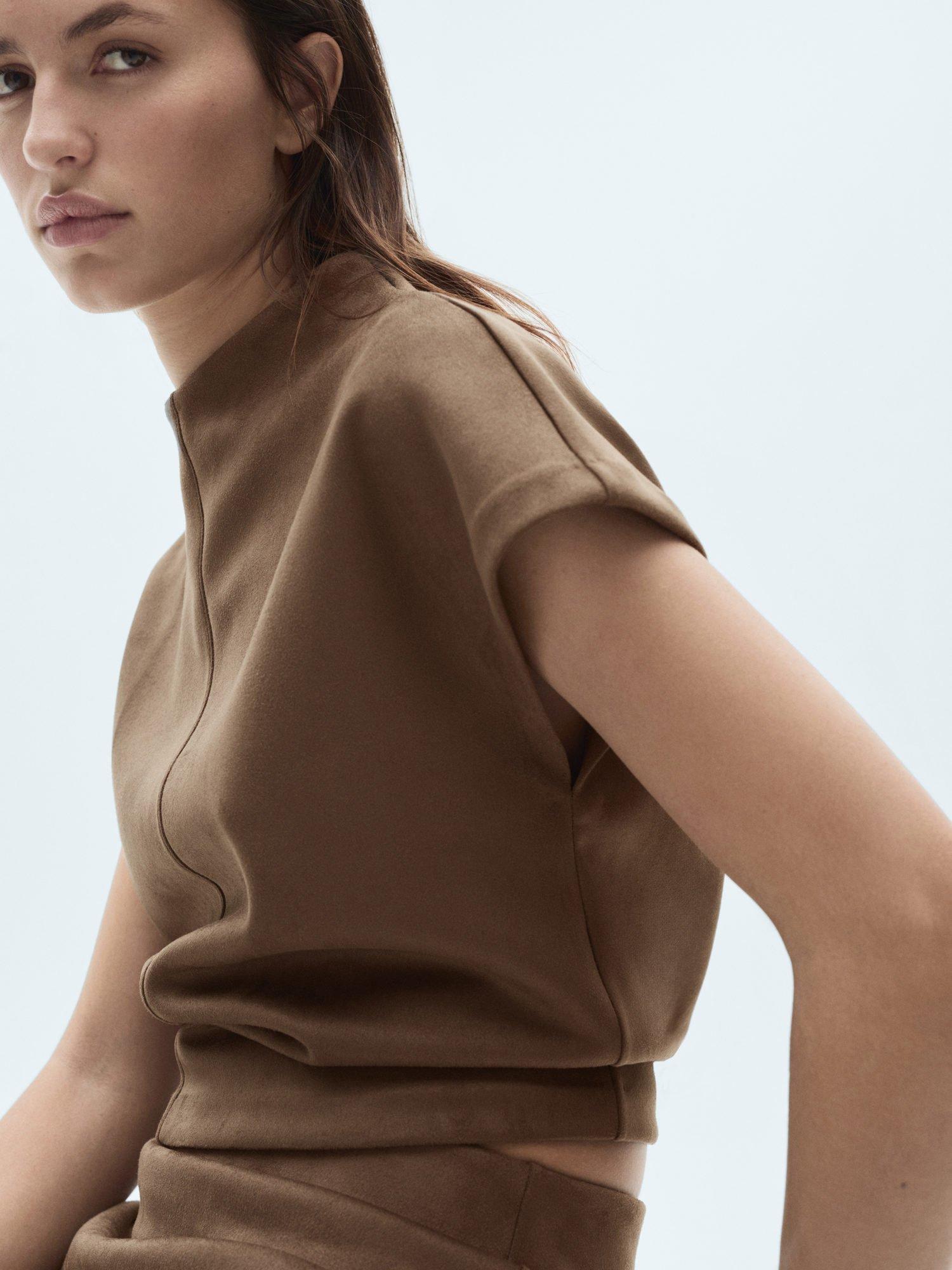 Product image 6 of 8, which shows Mango Texas Short Sleeve High Neck Blouse, Lt Pastel Brown, S