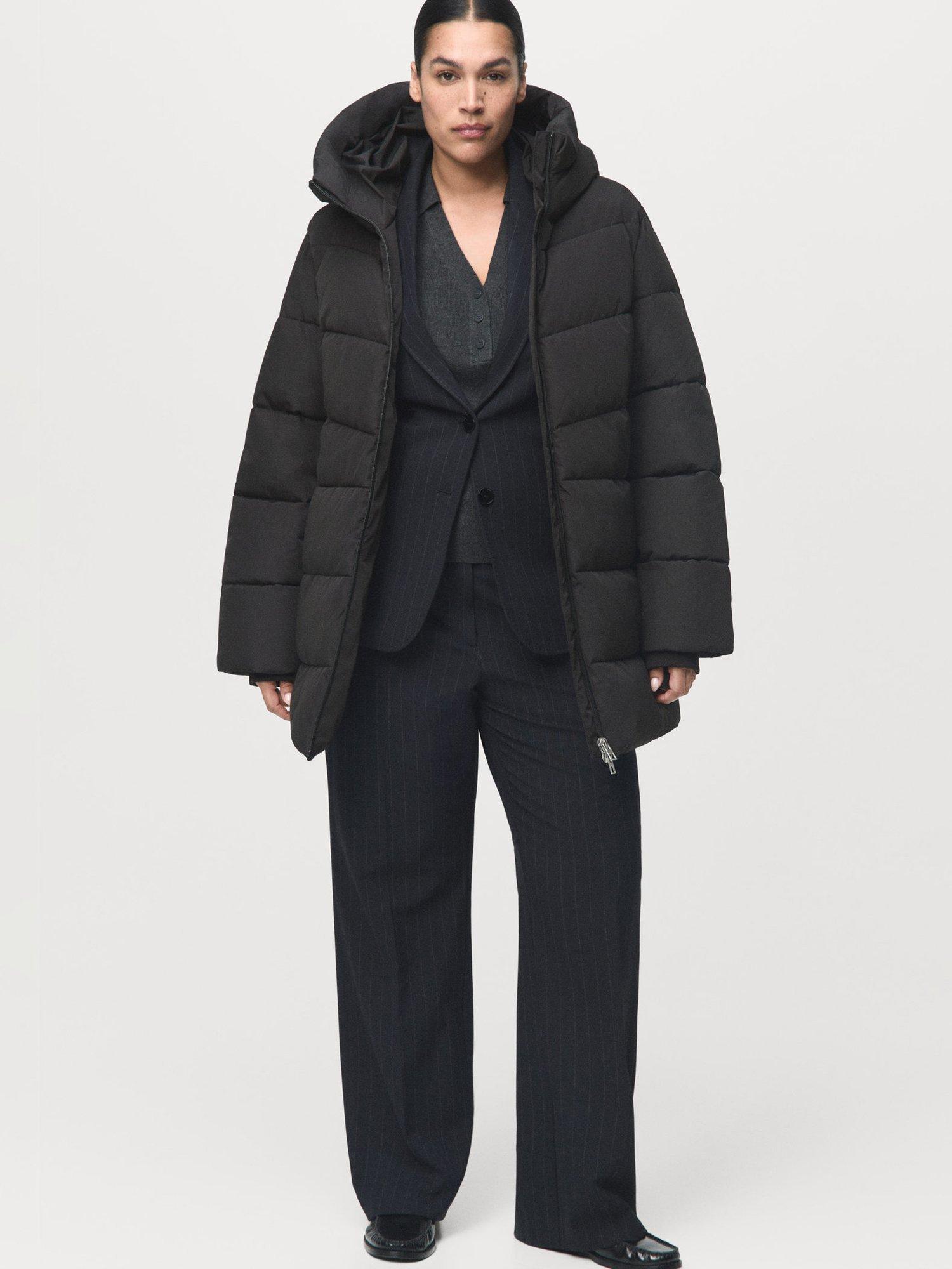 Product image 1 of 9, which shows Mango Tokyo Hooded Quilted Zip Front Coat, Black, XXXL