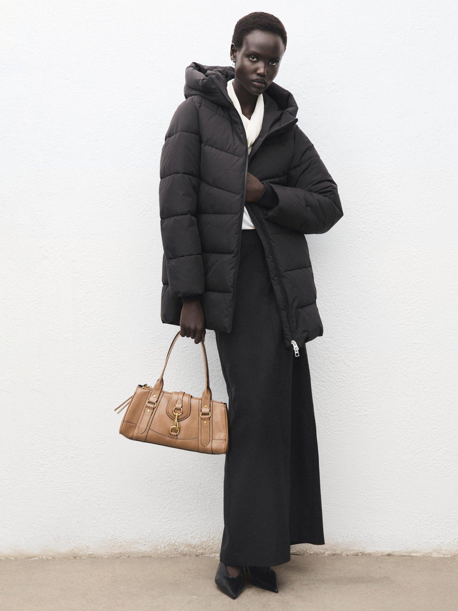 Product image 2 of 9, which shows Mango Tokyo Hooded Quilted Zip Front Coat, Black, XXXL