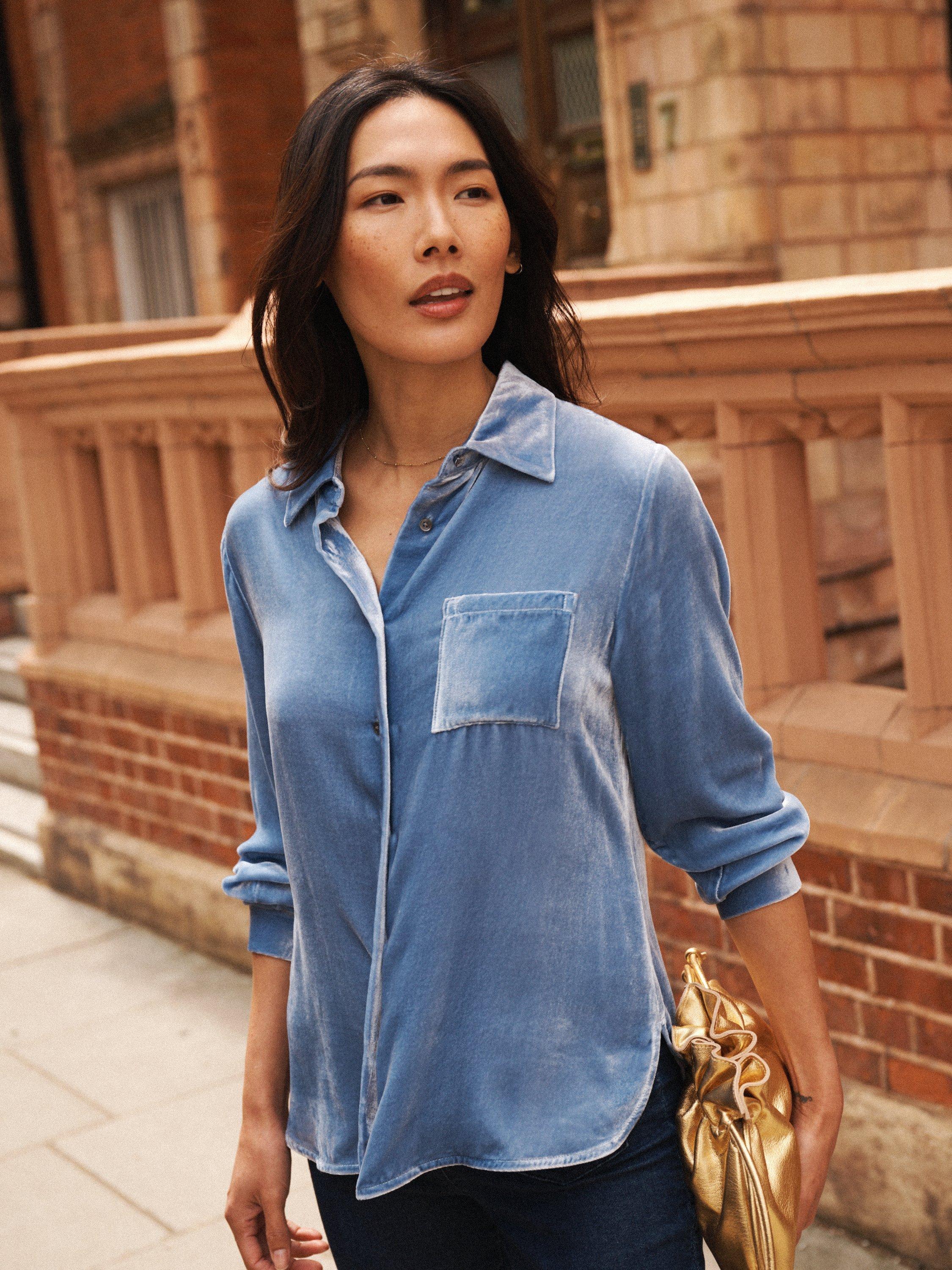 Product image 1 of 8, which shows NRBY Chiara Silk Blend Long Sleeve Collar Blouse, Chambray, XS