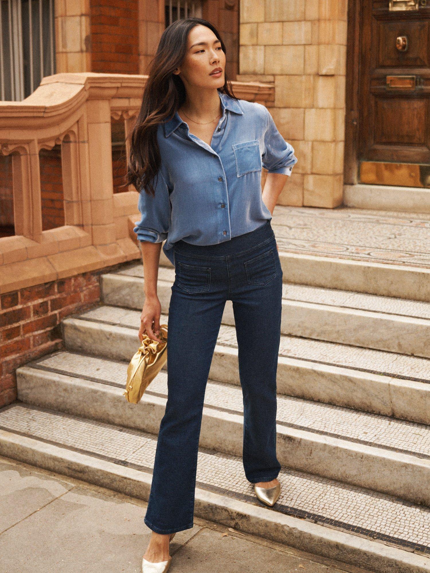 Product image 5 of 8, which shows NRBY Chiara Silk Blend Long Sleeve Collar Blouse, Chambray, XS