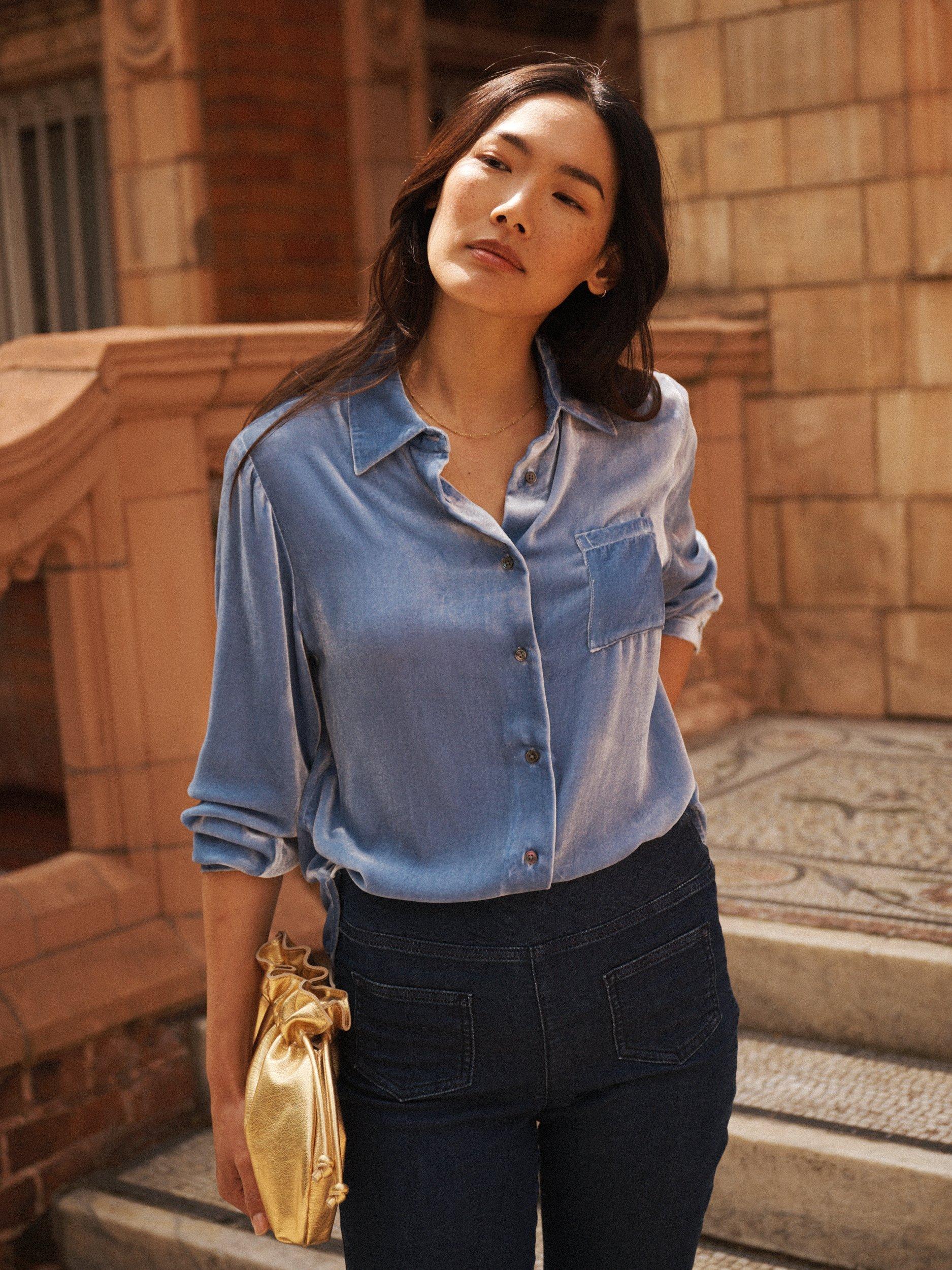 Product image 6 of 8, which shows NRBY Chiara Silk Blend Long Sleeve Collar Blouse, Chambray, XS