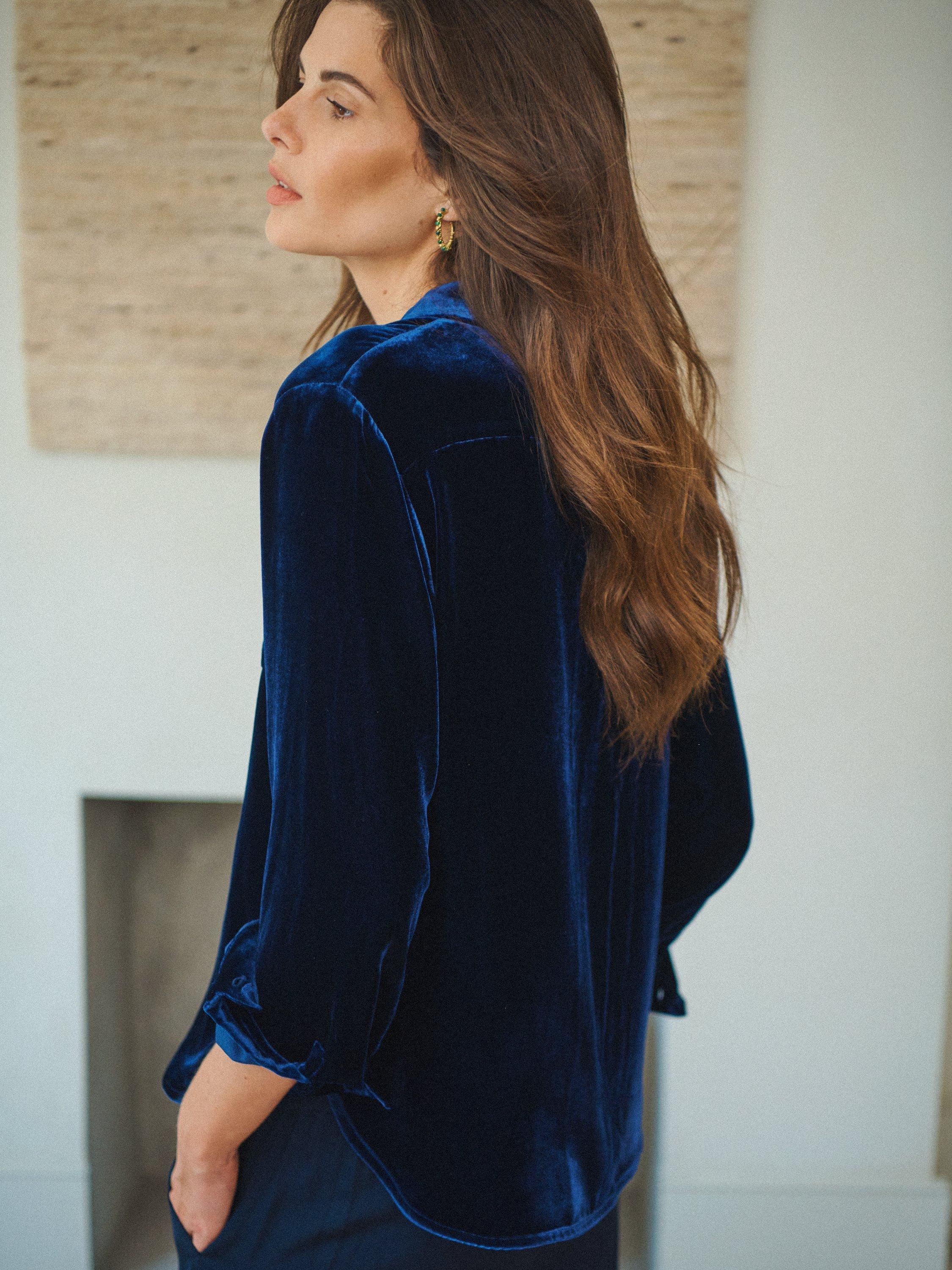 Product image 2 of 8, which shows NRBY Chiara Silk Blend Long Sleeve Collar Blouse, Midnight, XS