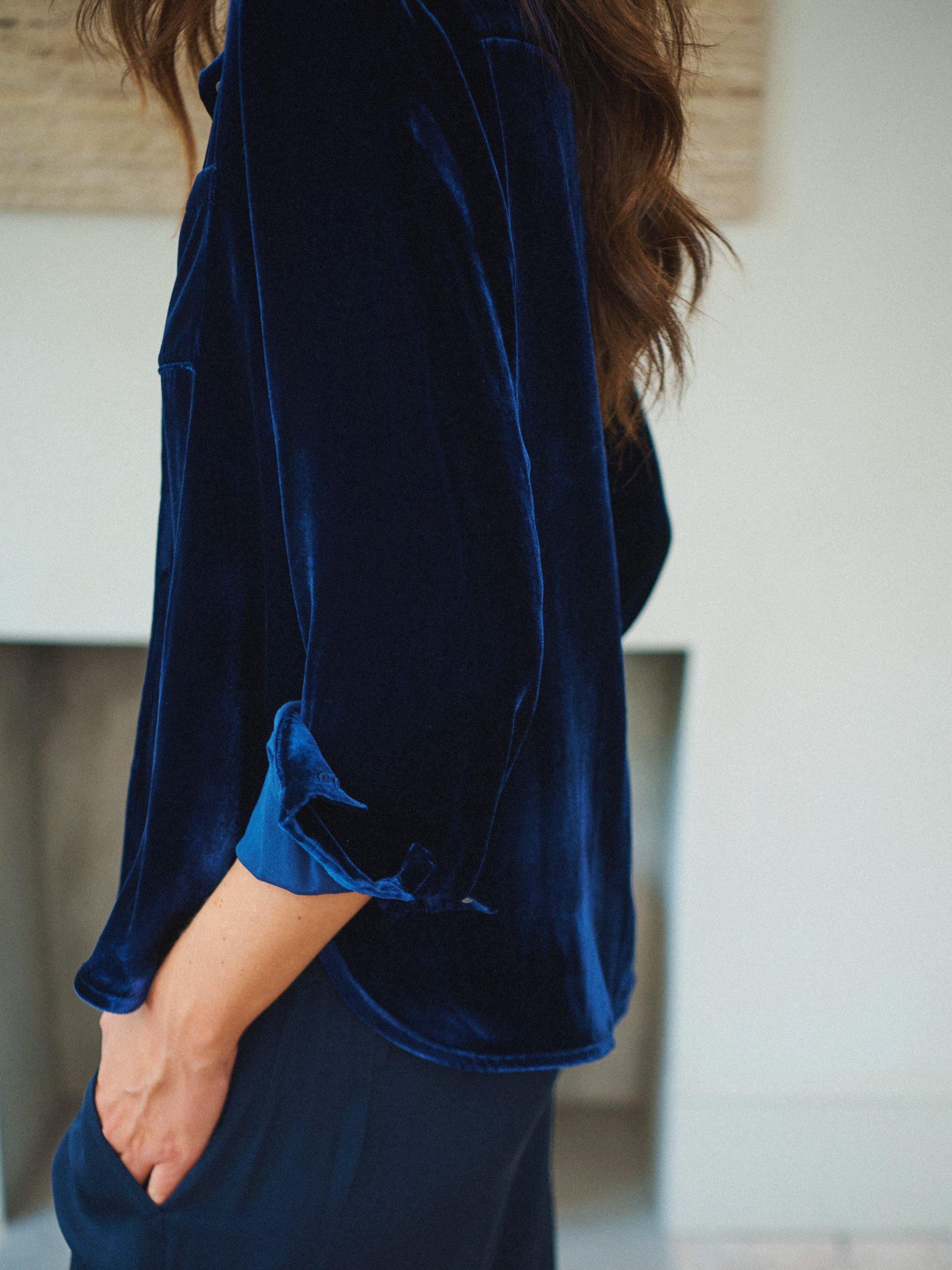 Product image 8 of 8, which shows NRBY Chiara Silk Blend Long Sleeve Collar Blouse, Midnight, XS